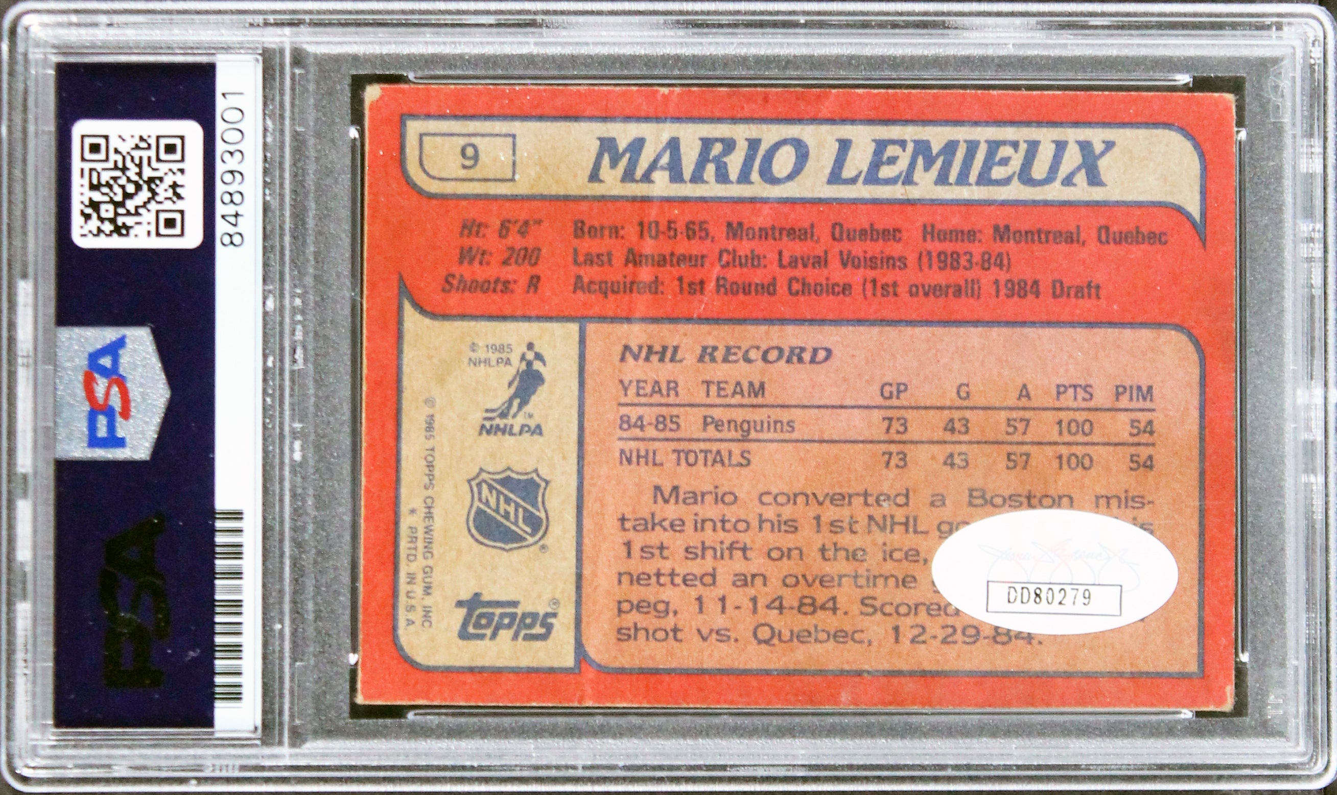 Penguins Mario Lemieux Authentic Signed 1985 Topps #9 Rookie Card PSA Slabbed