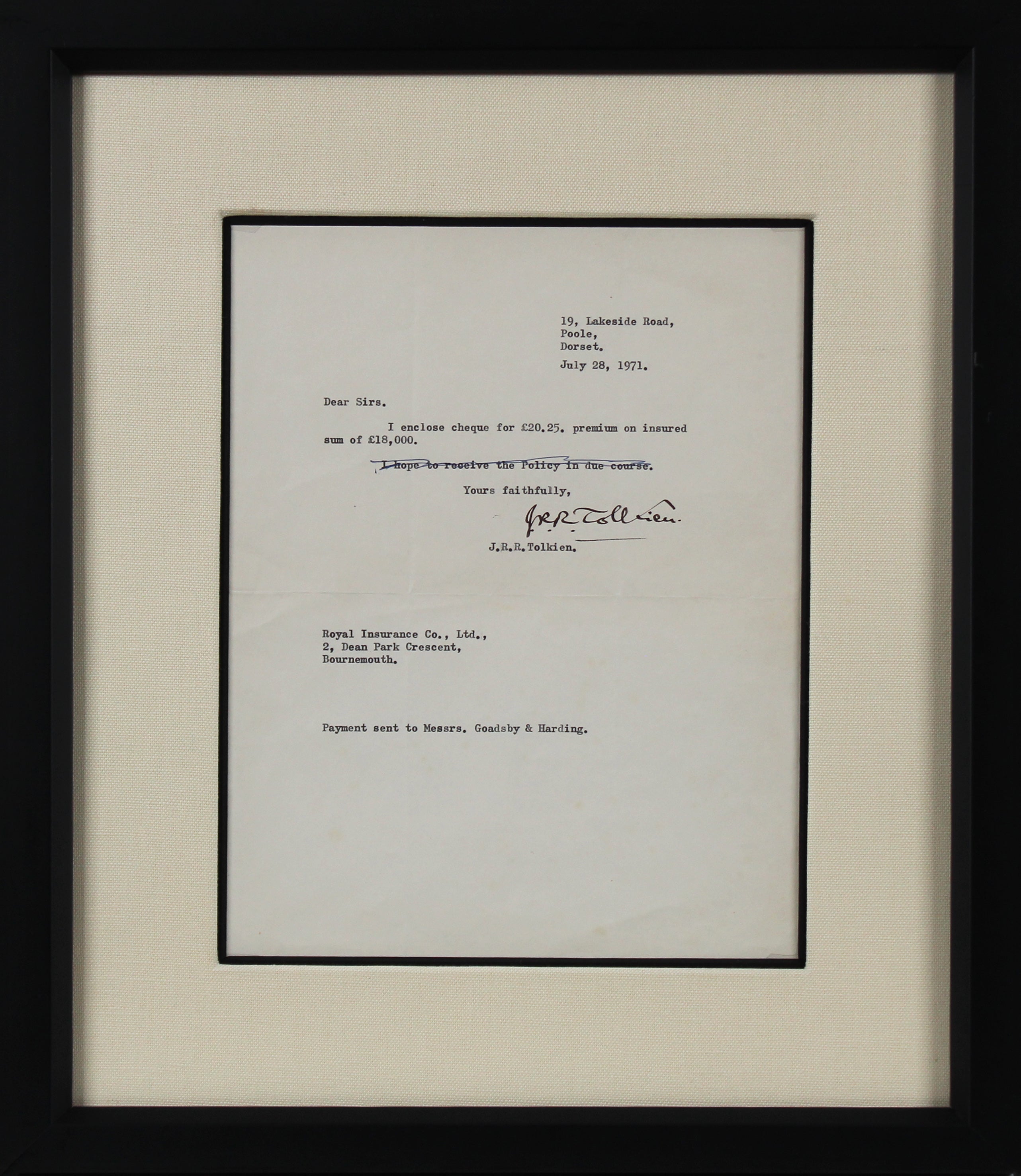 J.R.R. Tolkien LOTR Signed & Framed 7x9.5 1971 Typed Letter BAS #AD04257