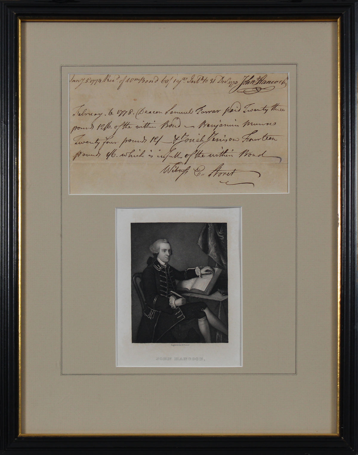 John Hancock Authentic Signed & Framed 1/5/1774 Loan Document BAS #AD04258