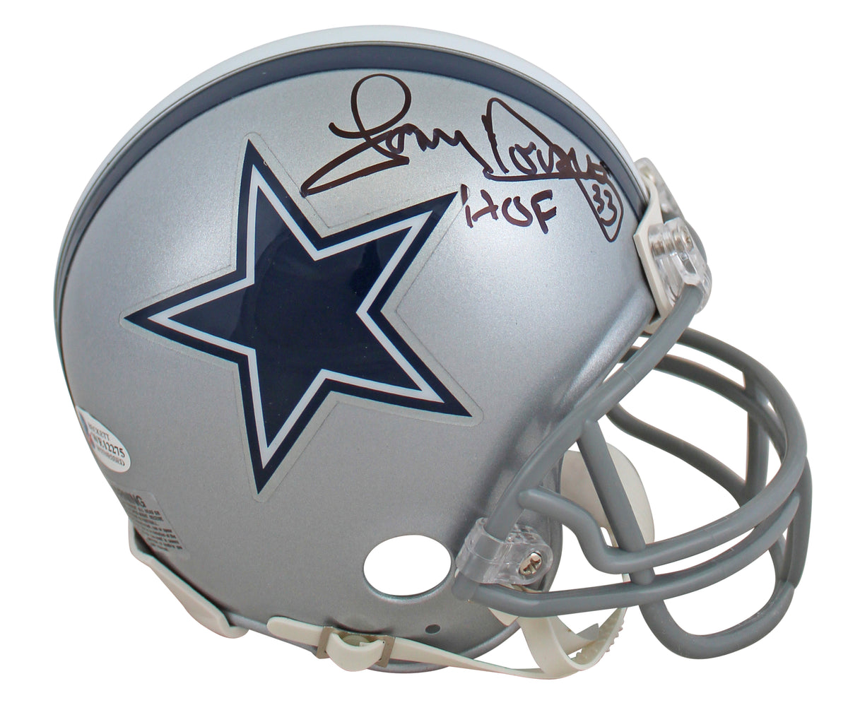 Cowboys Tony Dorsett "HOF" Signed Silver Rep Mini Helmet BAS Witnessed #WE12275