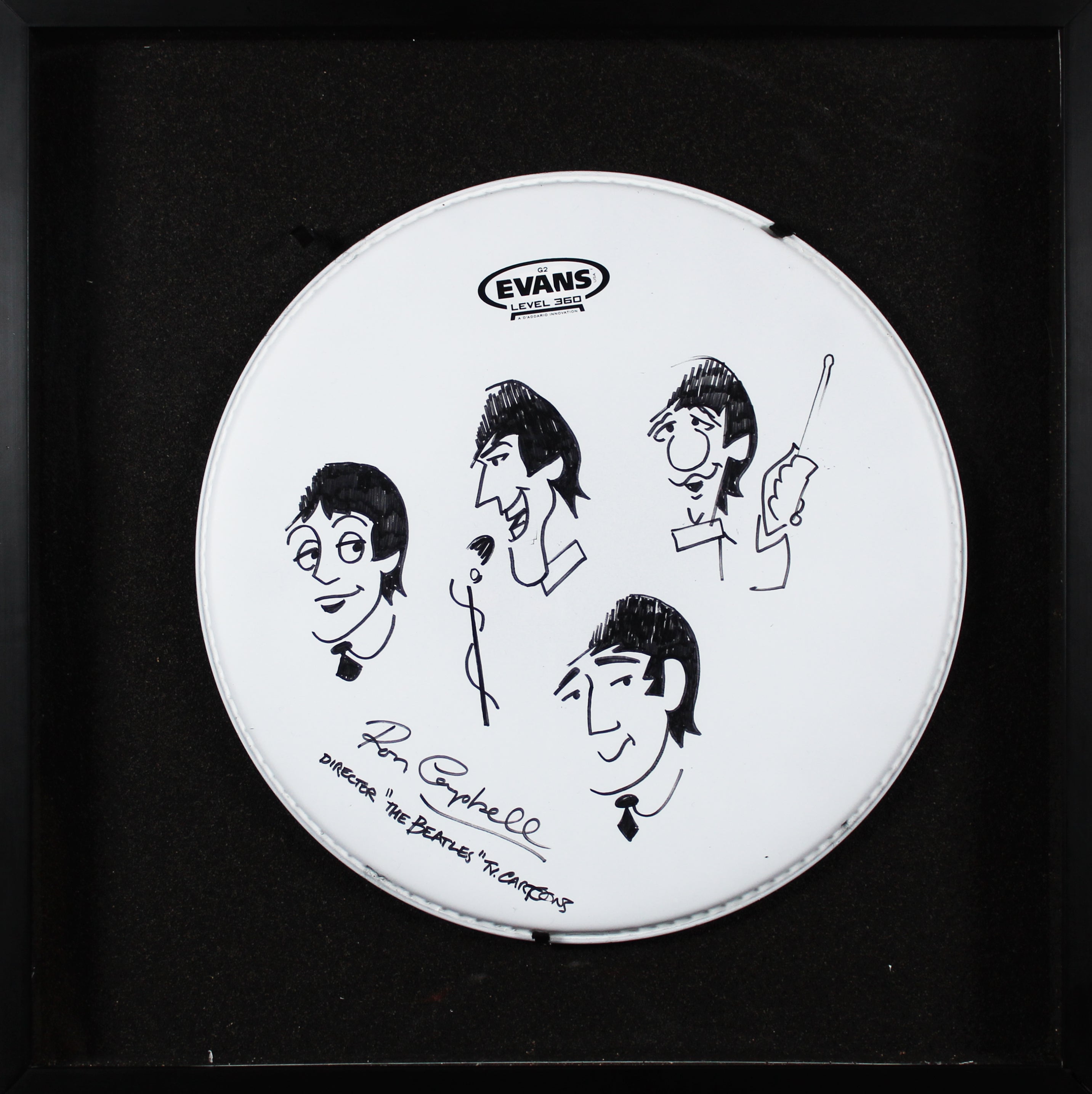 Ron Campbell "The Beatles" w/ Hand Drawn Sketch Signed & Framed Drum Head BAS
