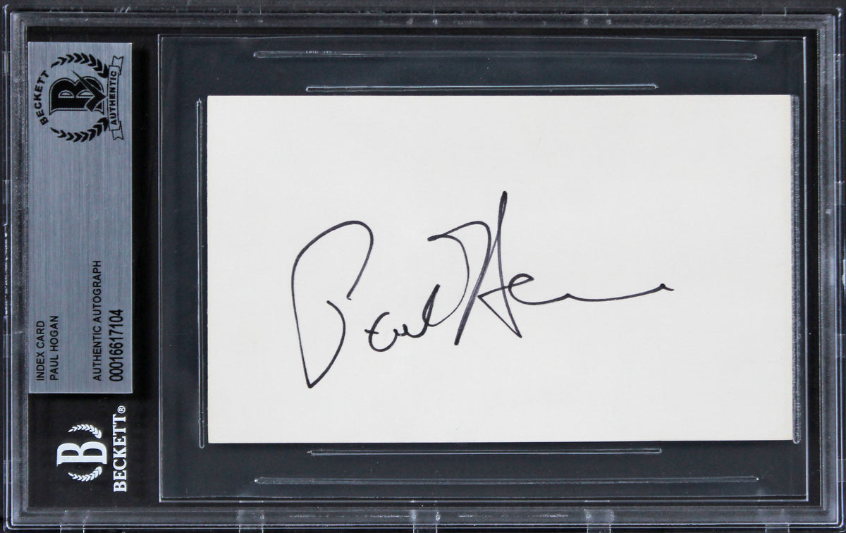 Paul Hogan Crocodile Dundee Authentic Signed 3x5 Index Card BAS Slabbed 2