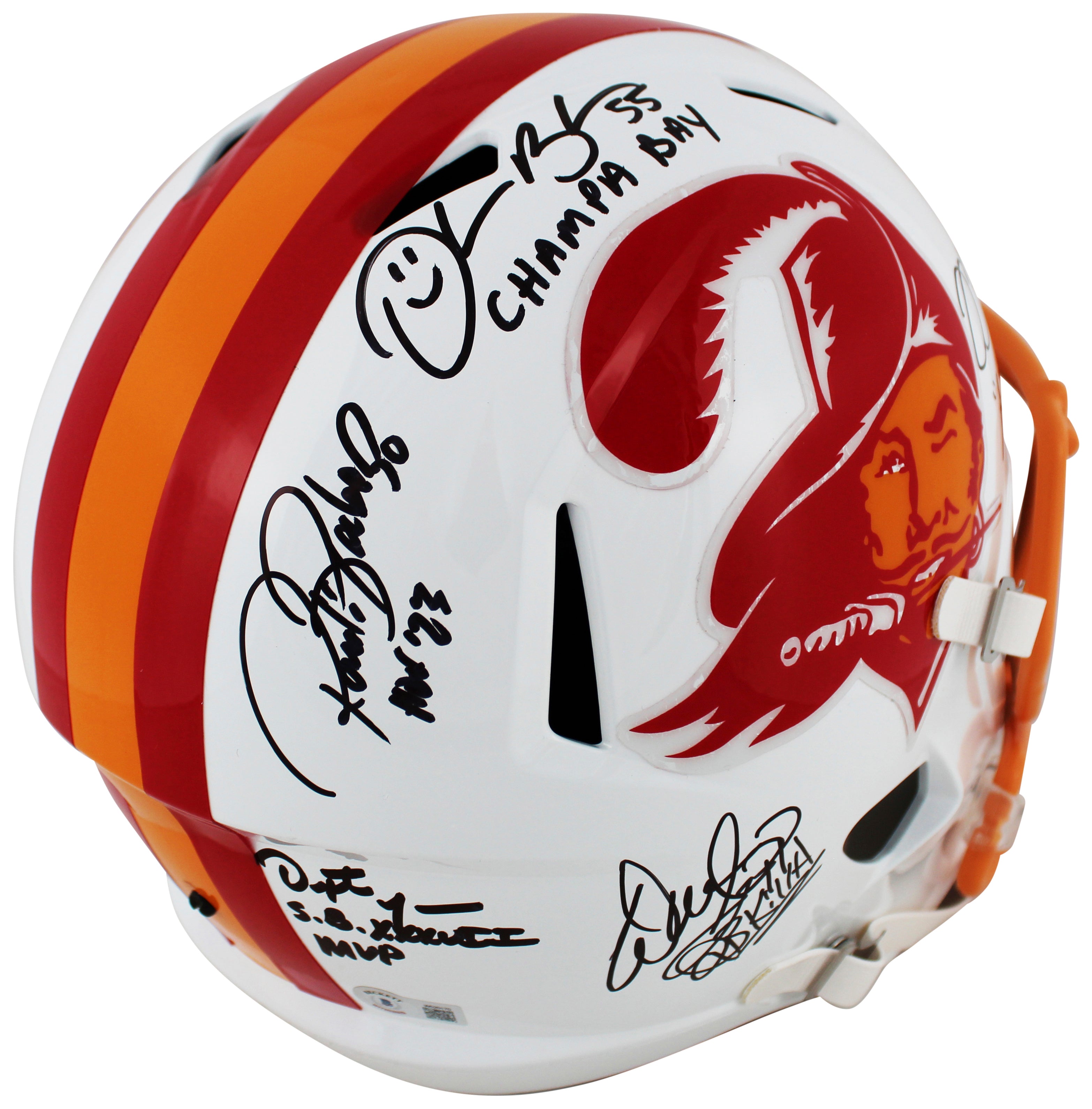 Bucs SB 37 Sapp, Brooks, Alstott +3 Signed 76-96 TB F/S Speed Rep Helmet BAS Wit