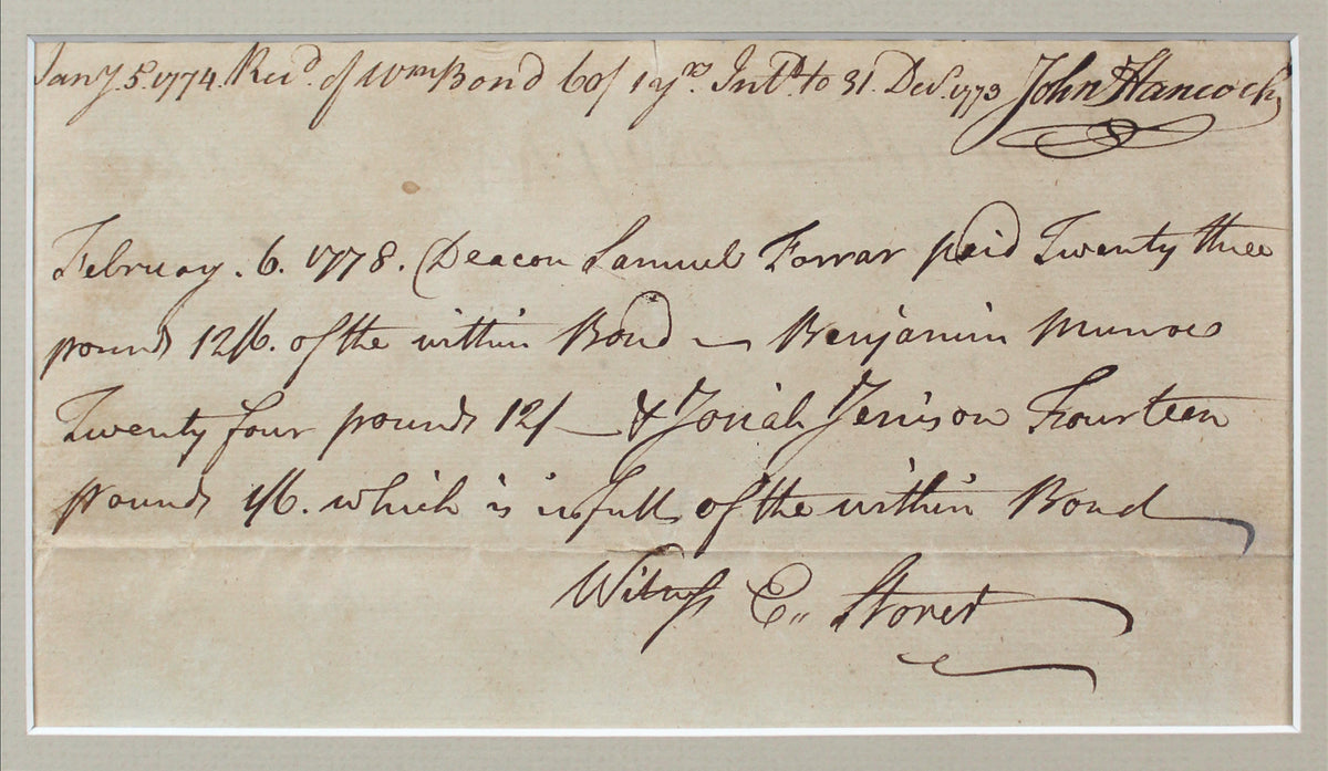 John Hancock Authentic Signed & Framed 1/5/1774 Loan Document BAS #AD04258