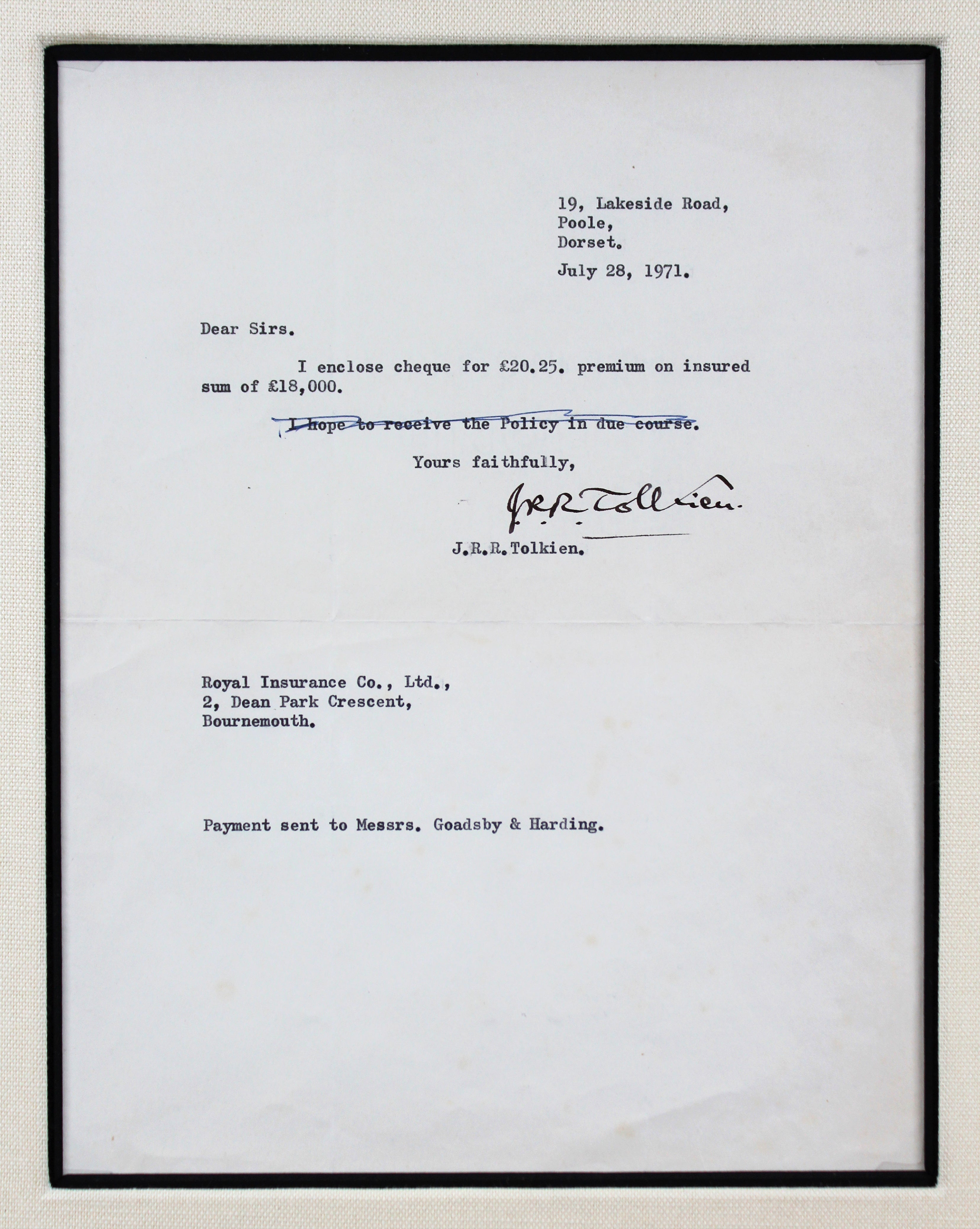 J.R.R. Tolkien LOTR Signed & Framed 7x9.5 1971 Typed Letter BAS #AD04257