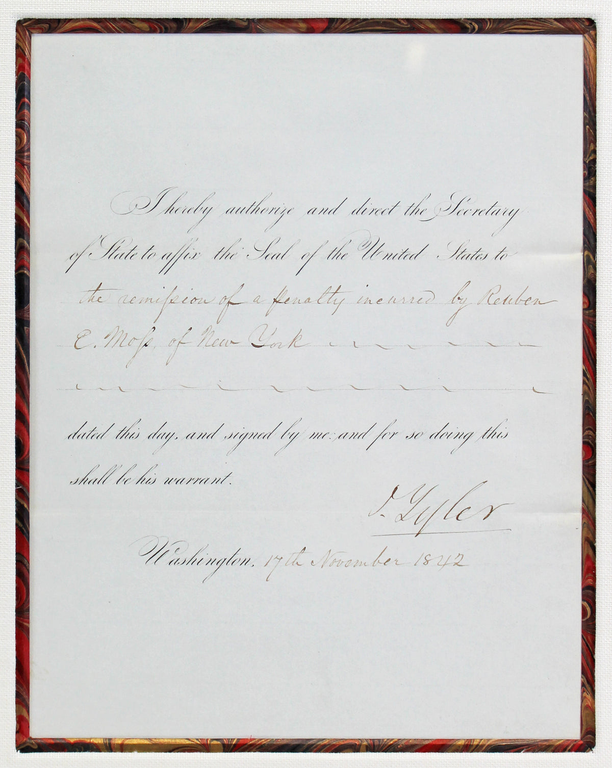 John Tyler Authentic Signed & Framed 7x9.25 Letter Dated November 17, 1842 BAS