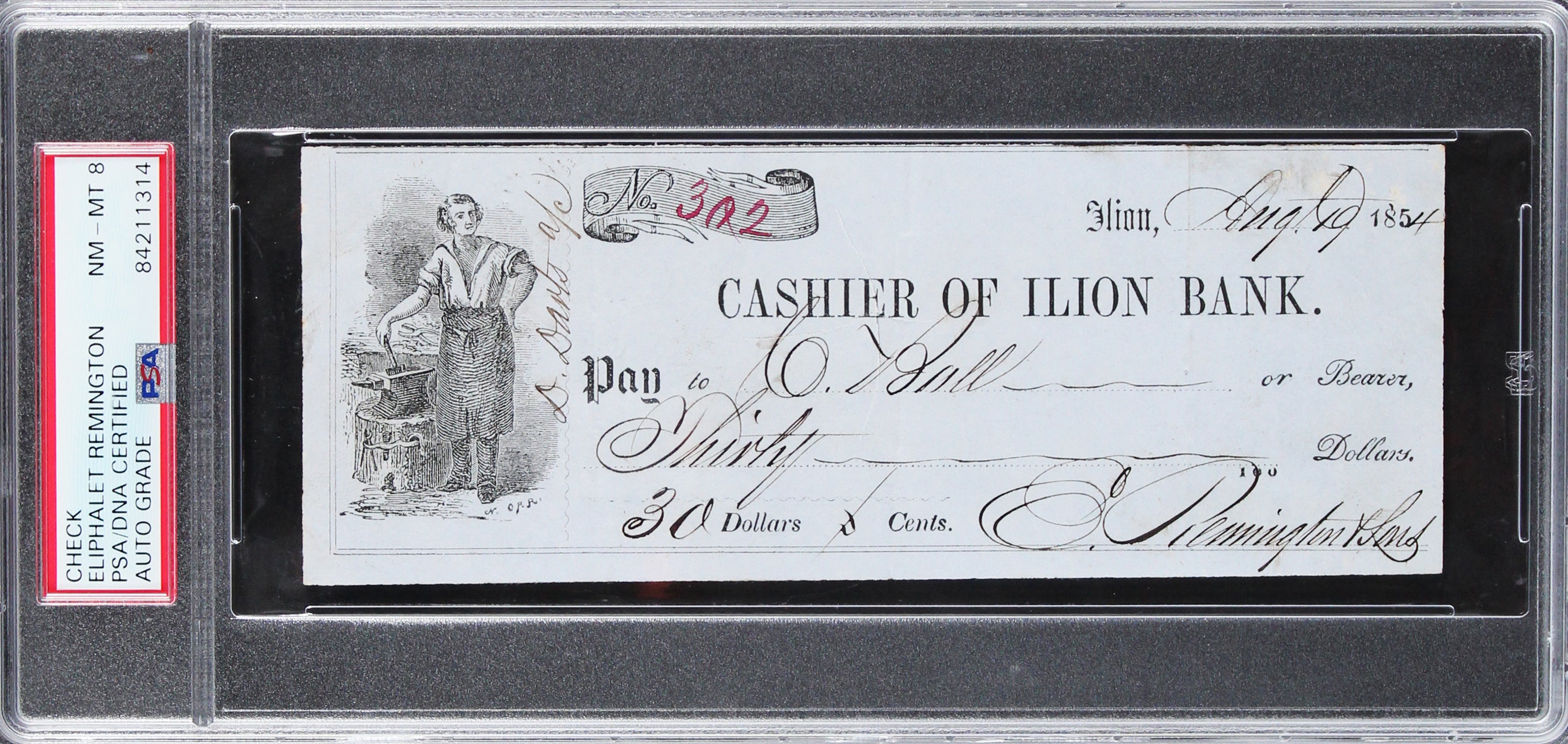 Eliphalet Remington Authentic Signed 1854 Ilion Bank Check PSA/DNA Slabbed