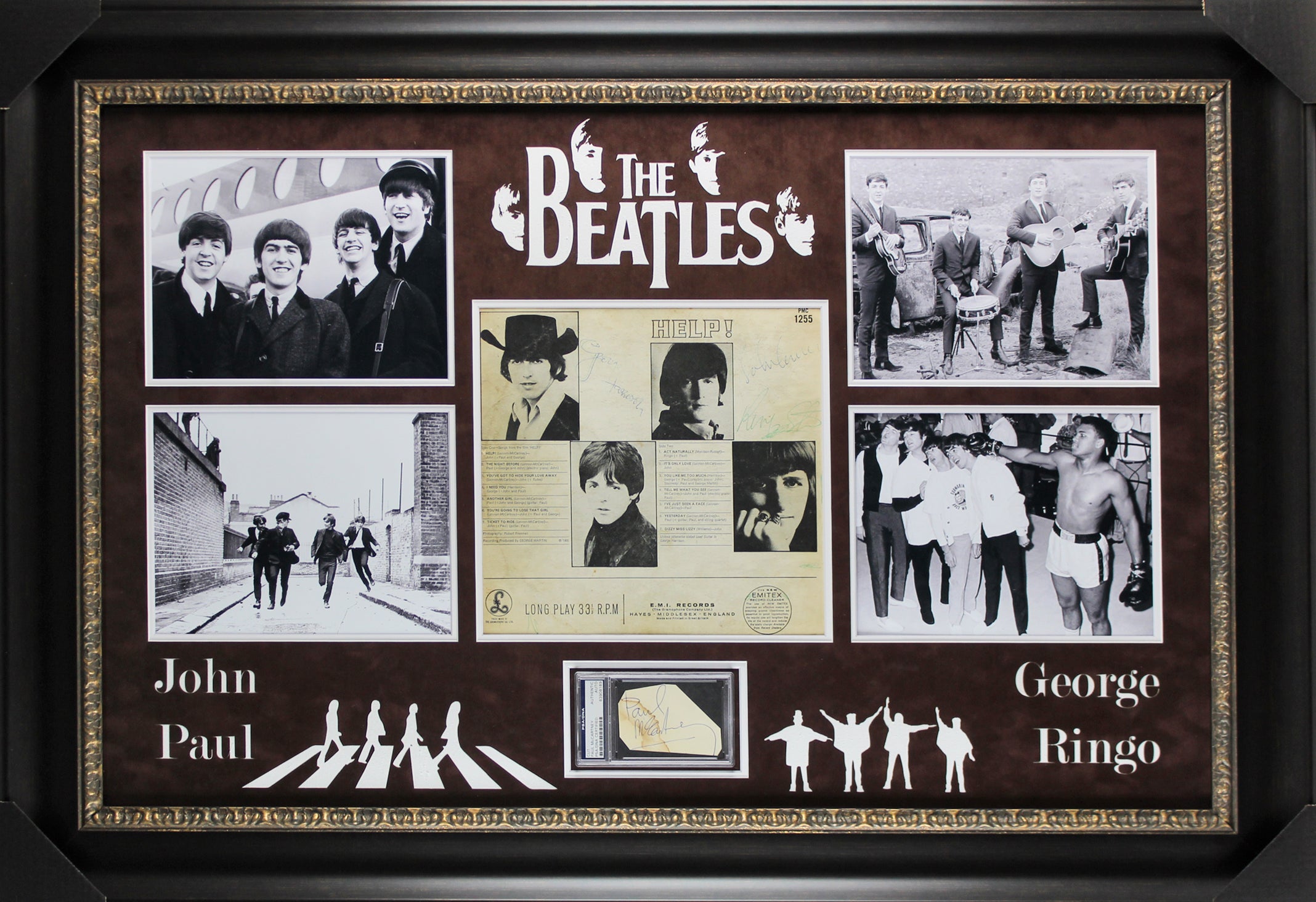 Beatles (4) Lennon, McCartney, Harrison & Starr Signed Framed Display BAS & PSA
