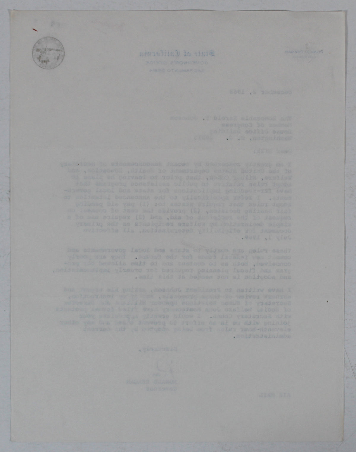 Ronald Reagan Signed 8.5x11 1968 Letter On Governor's Office Letterhead JSA