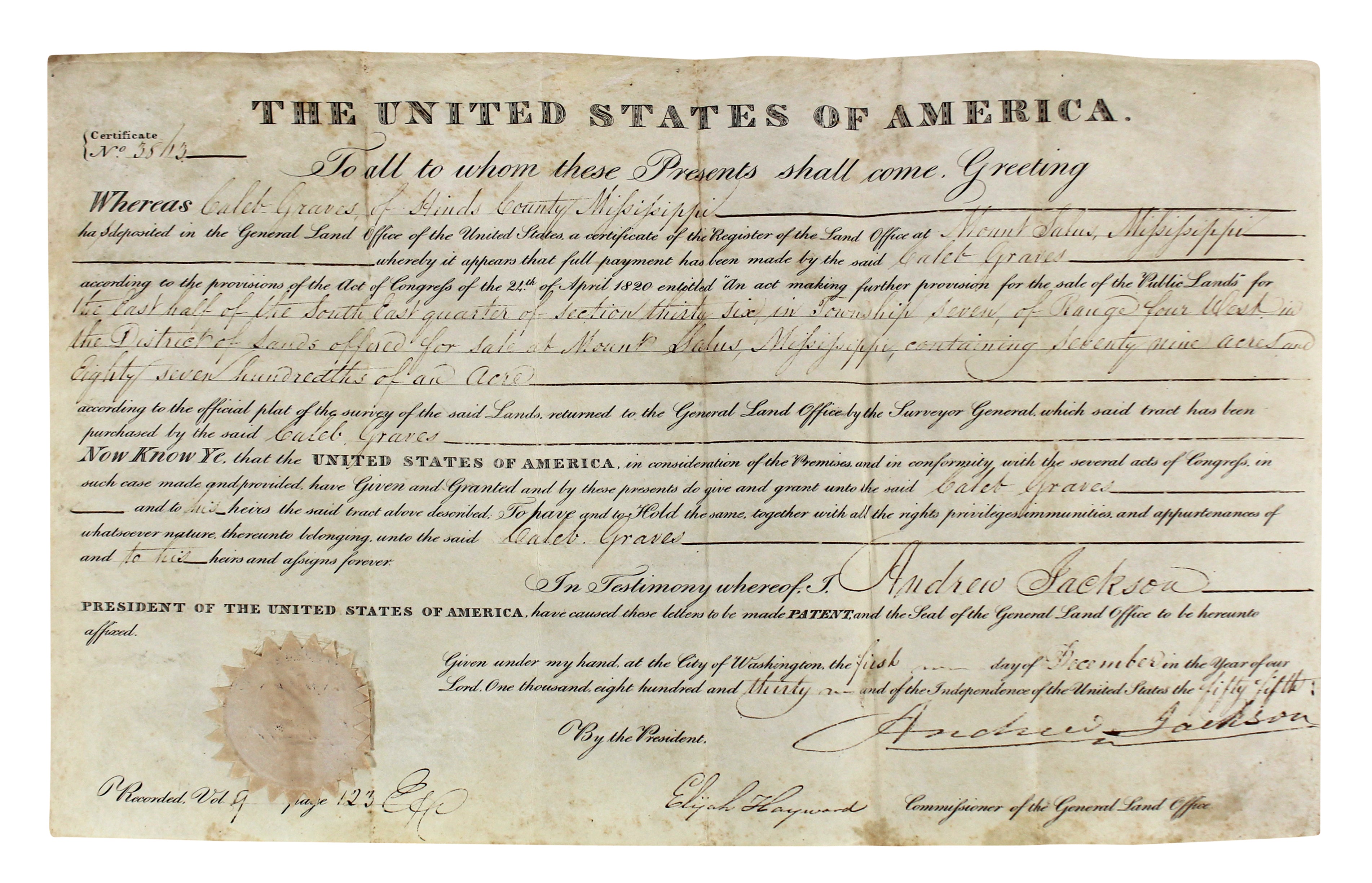 Andrew Jackson Authentic Signed 9.75x15.75 1830 Land Grant Document BAS #AD04262