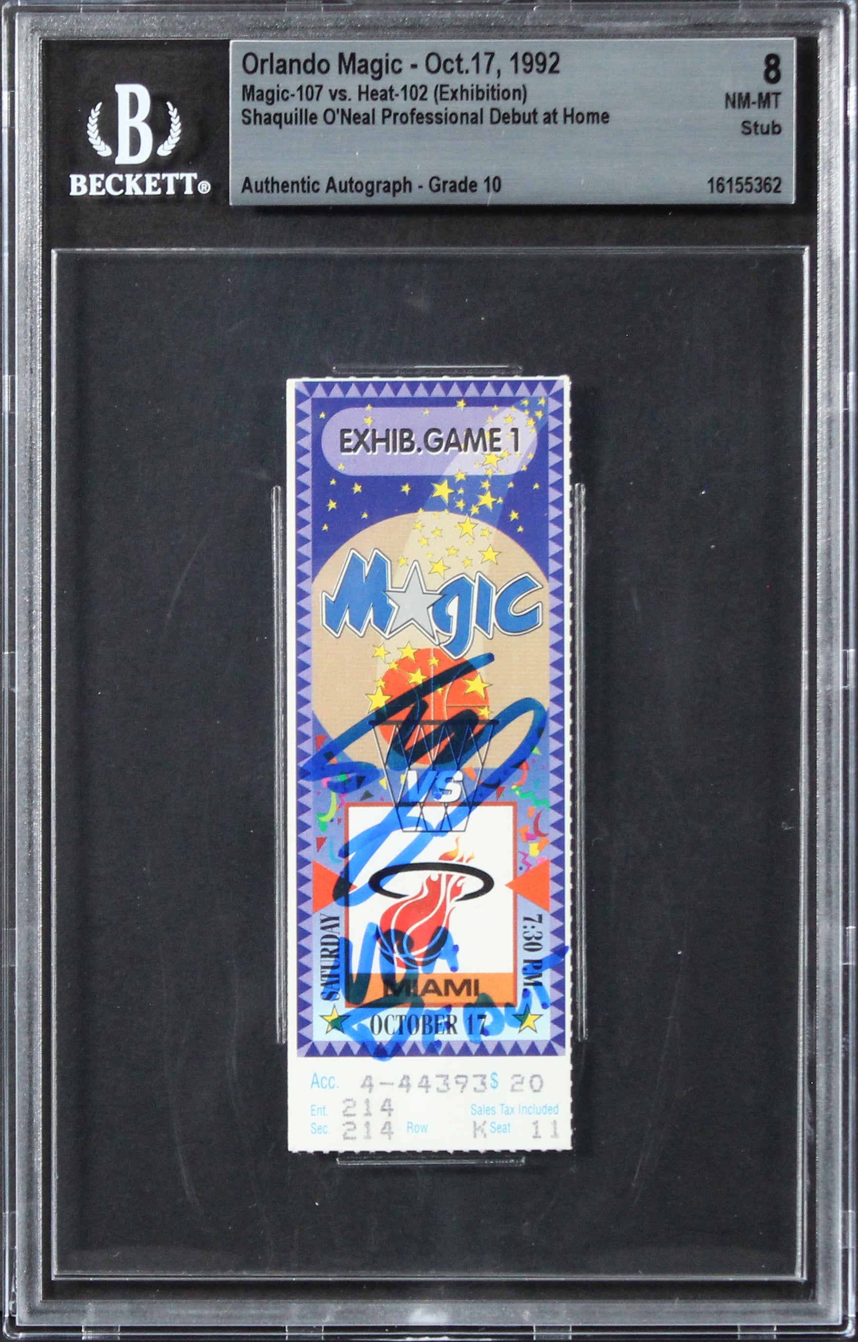 Magic Shaquille O'Neal "NBA Debut" Signed 1992 Ticket NM-MT 8 Auto 10 BAS Slab