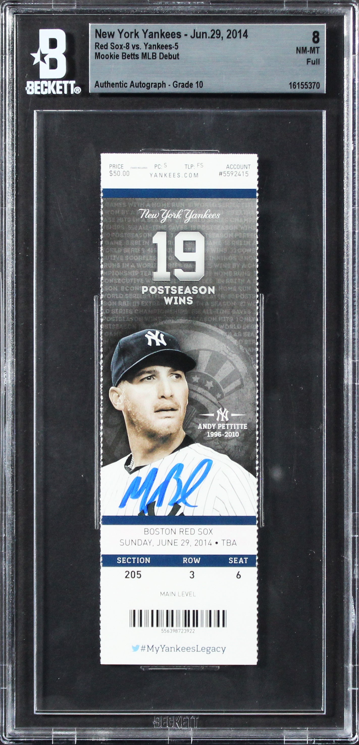 Red Sox Mookie Betts Signed 6/29/14 MLB Debut Ticket NM-MT 8 Auto 10 BAS Slabbed