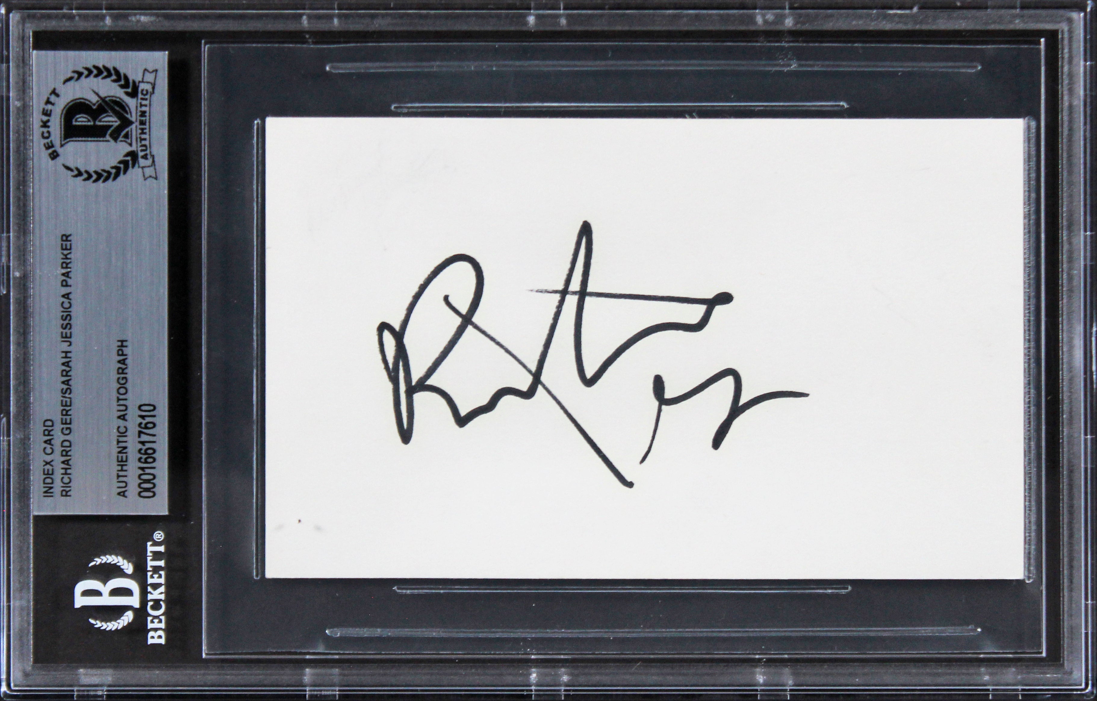 Richard Gere & Sarah Jessica Parker "Peace" Signed 3x5 Index Card BAS Slabbed
