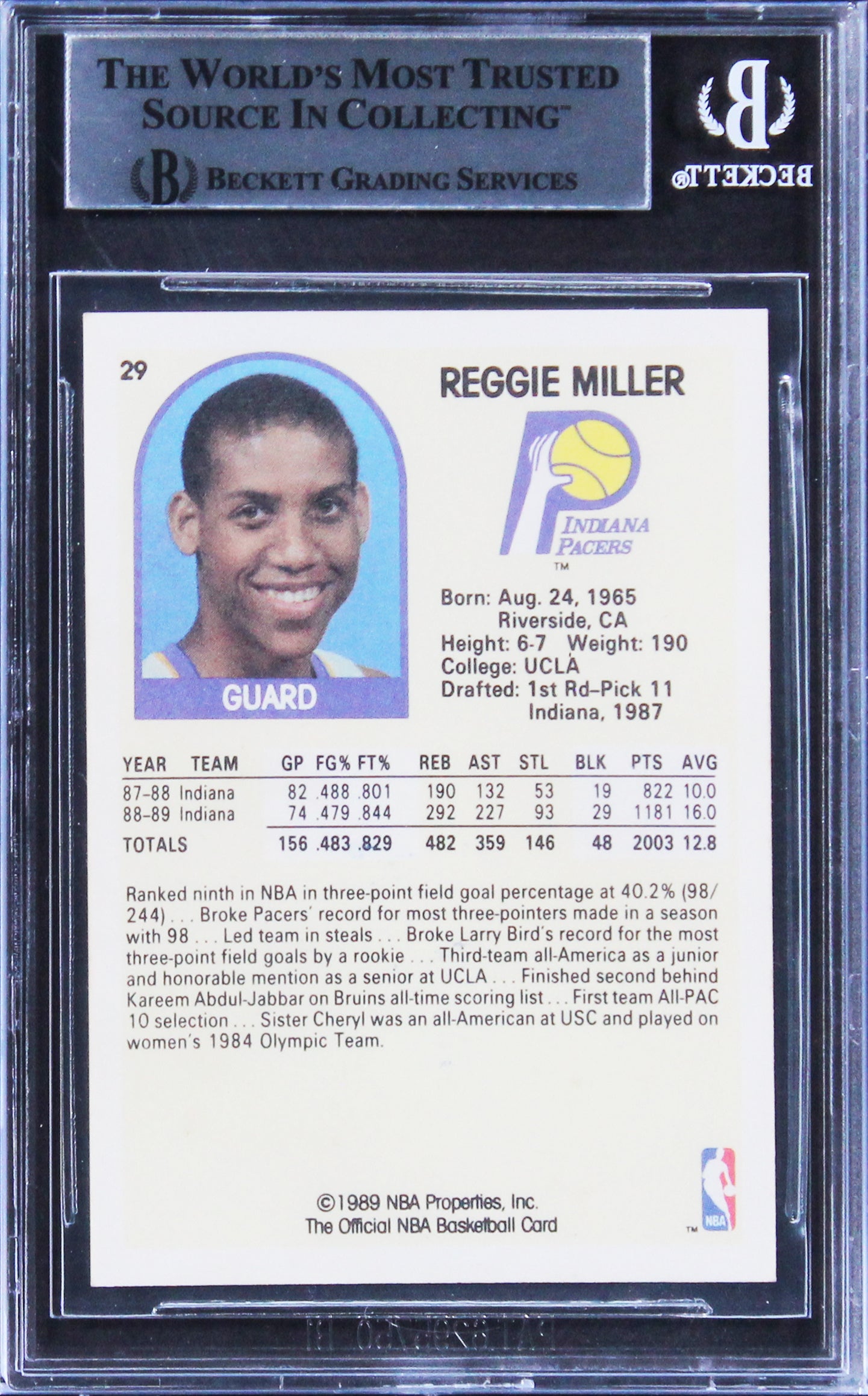 Pacers Reggie Miller Authentic Signed 1989 Hoops #29 Card BAS Slabbed