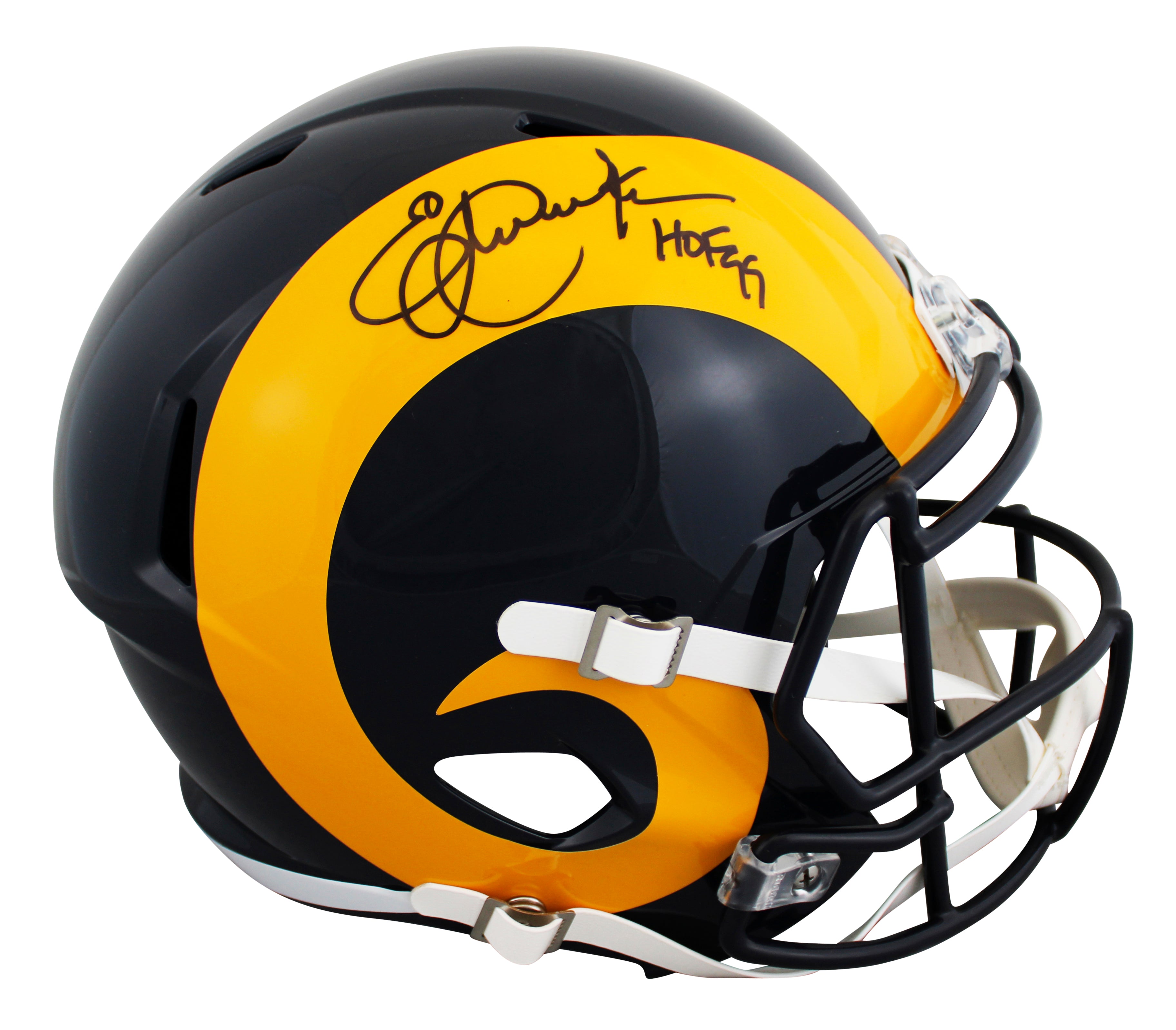 Rams Eric Dickerson "HOF 99" Signed 1981-99 TB Full Size Speed Rep Helmet BAS W