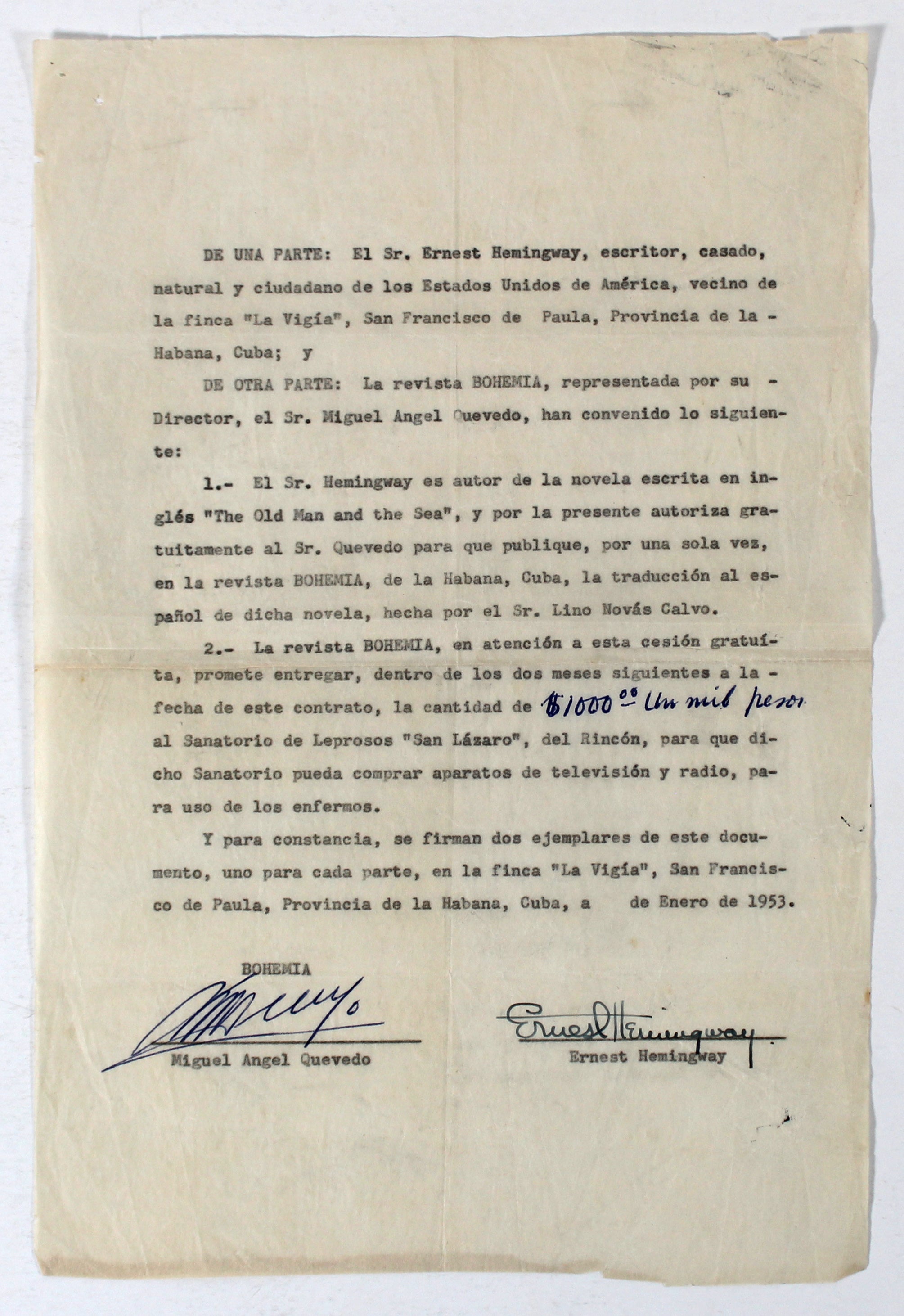 Ernest Hemingway Authentic Signed 8.25x12.5 Contract BAS #AD04275
