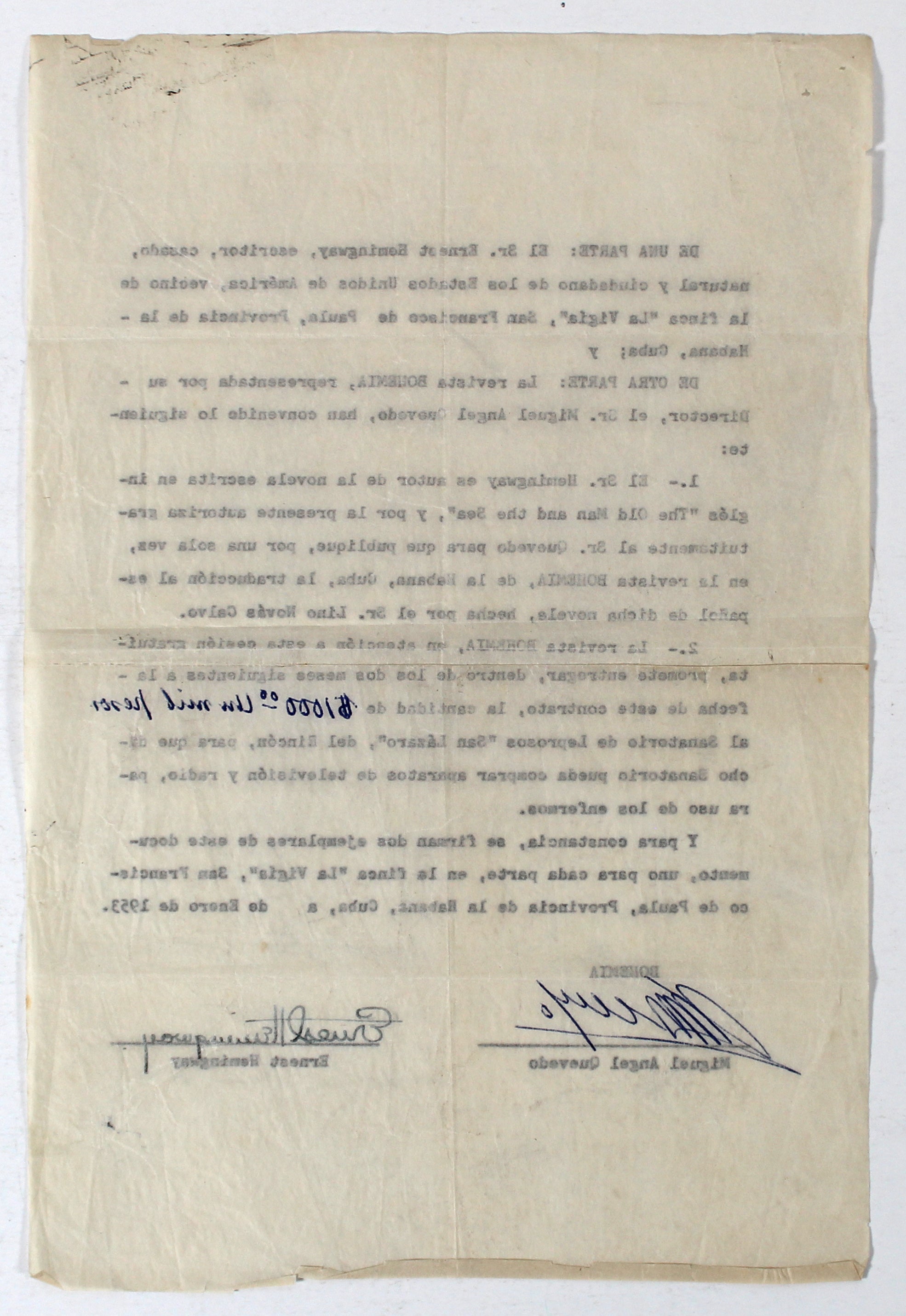 Ernest Hemingway Authentic Signed 8.25x12.5 Contract BAS #AD04275