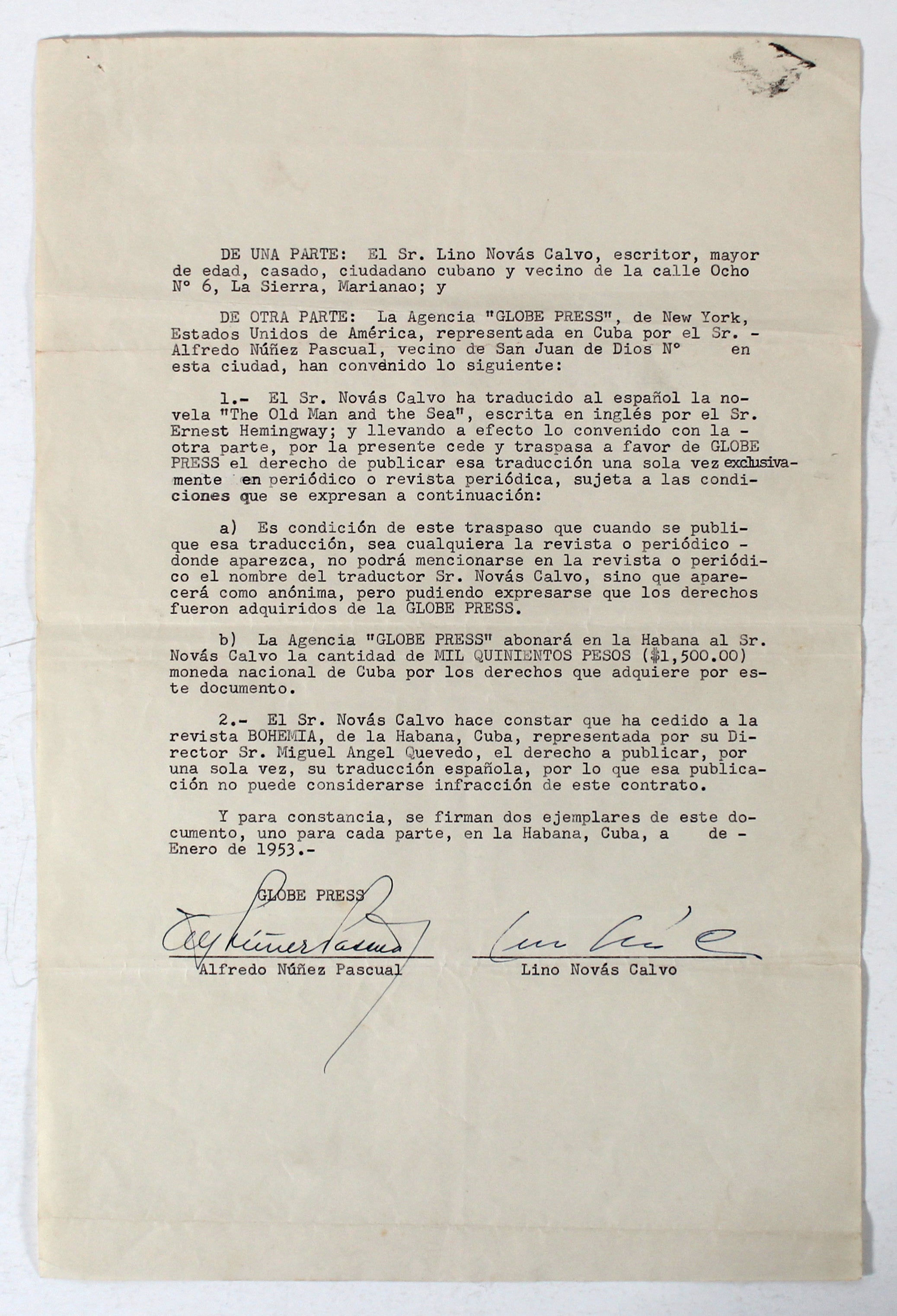 Ernest Hemingway Authentic Signed 8.25x12.5 Contract BAS #AD04275