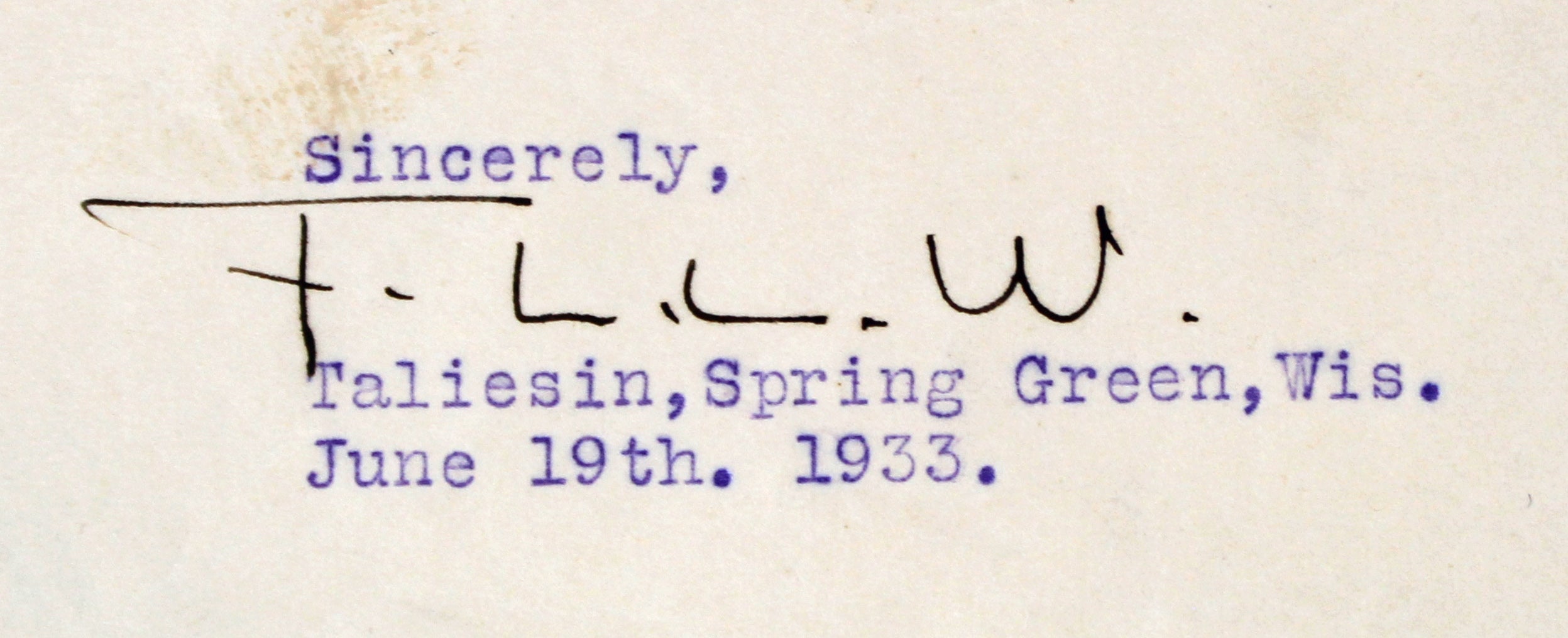 Frank Lloyd Wright Authentic Signed 8.5x11 1933 Typed Letter BAS #AD04261