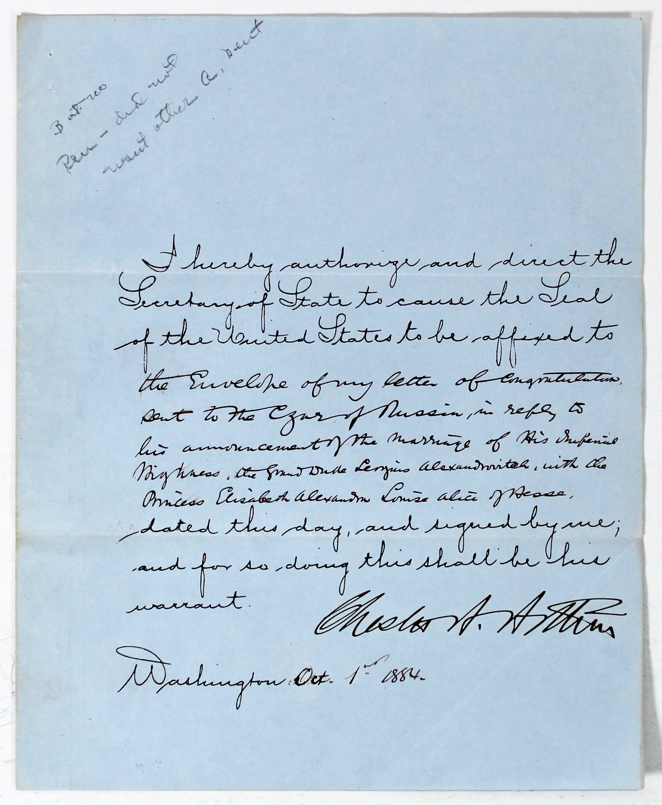 Chester A. Arthur Authentic Signed 8x10 1884 Letter BAS #AD04269