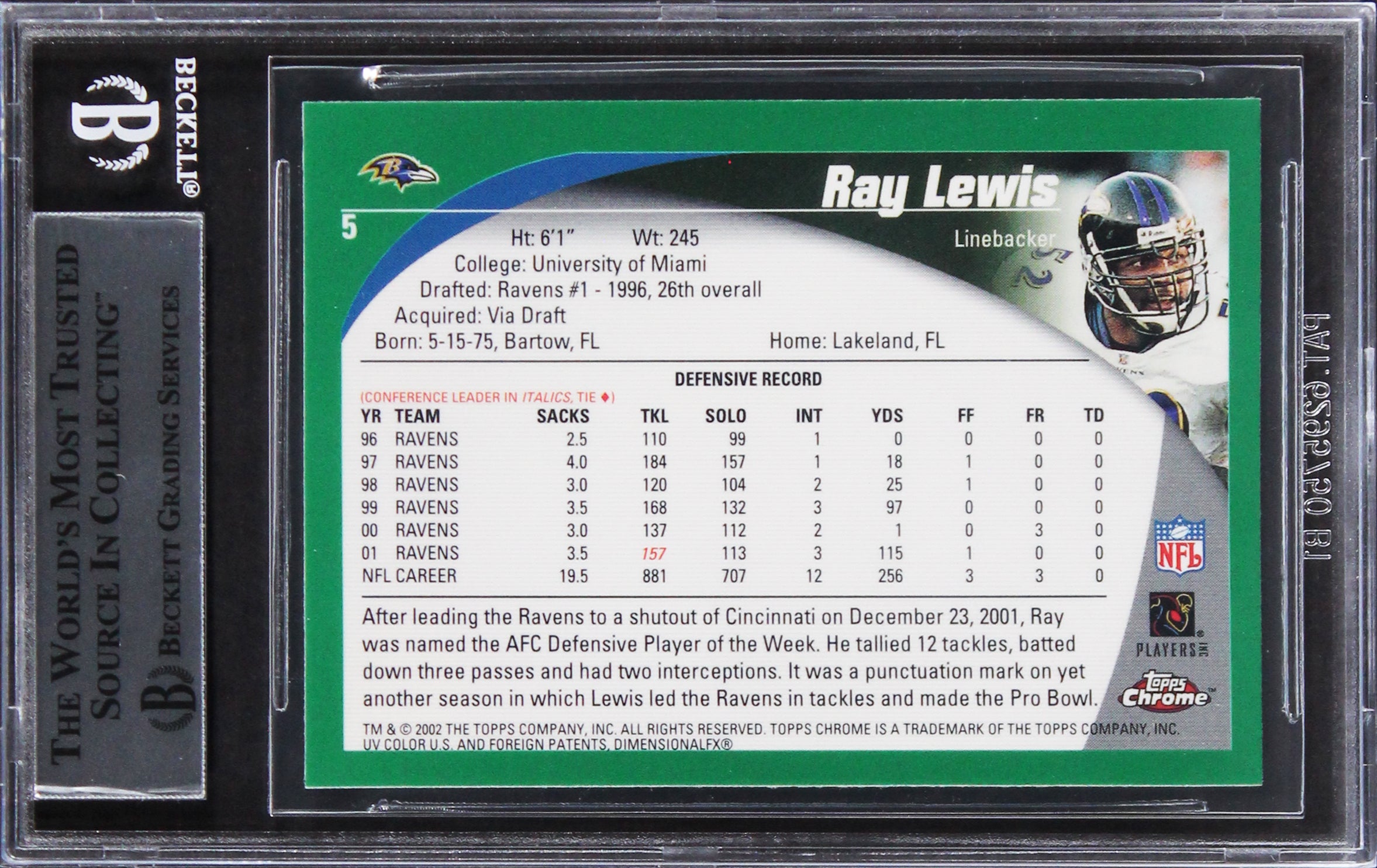 Ravens Ray Lewis Authentic Signed 2002 Topps Chrome #5 Card BAS Slabbed