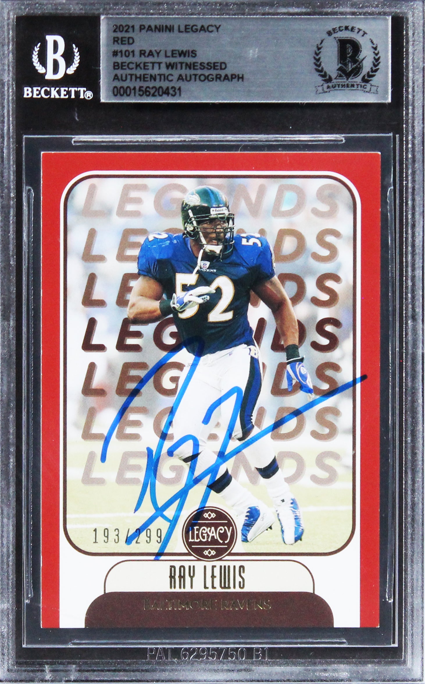 Ravens Ray Lewis Authentic Signed 2021 Panini Legacy Red #101 Card BAS Slabbed