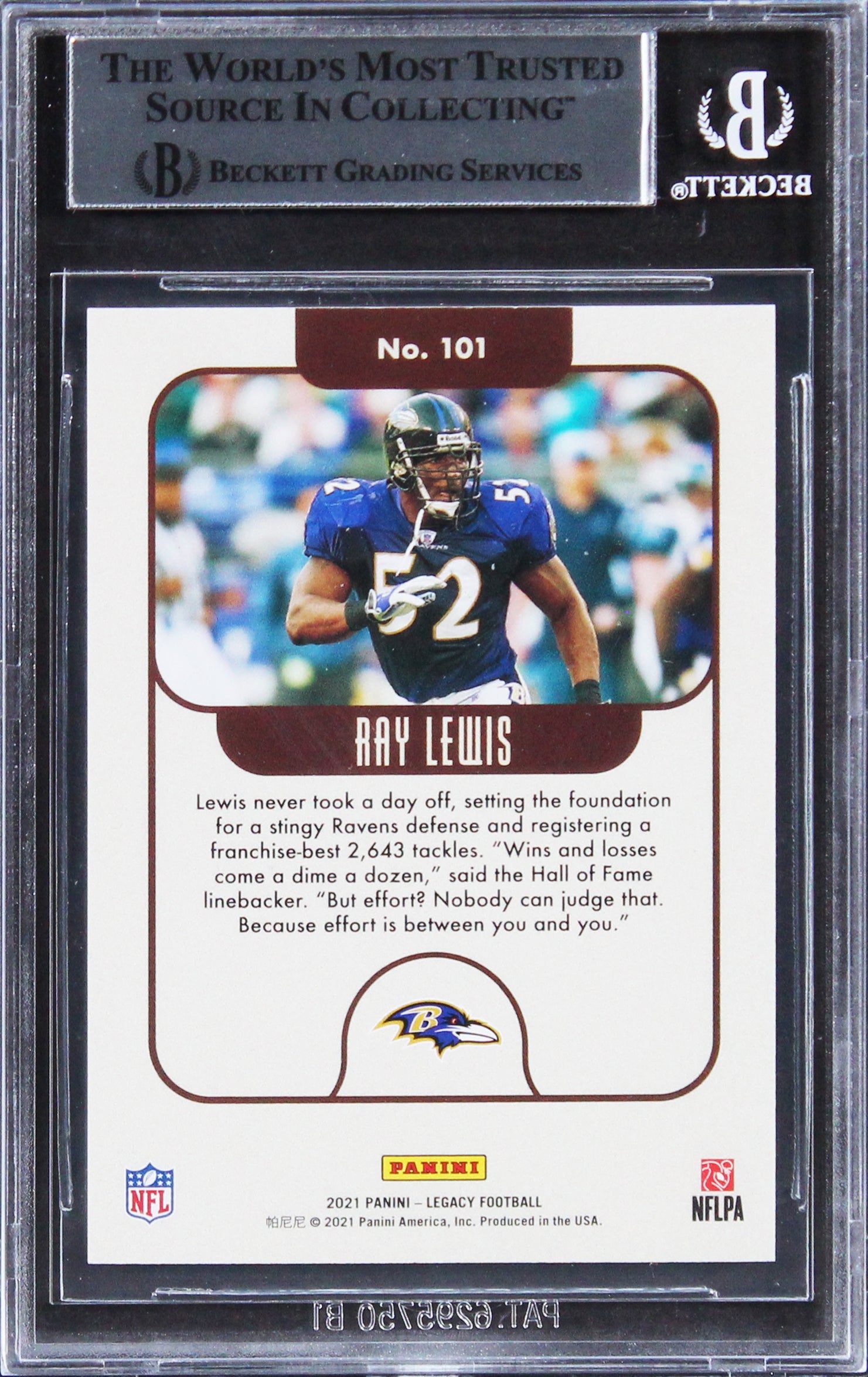 Ravens Ray Lewis Authentic Signed 2021 Panini Legacy Red #101 Card BAS Slabbed