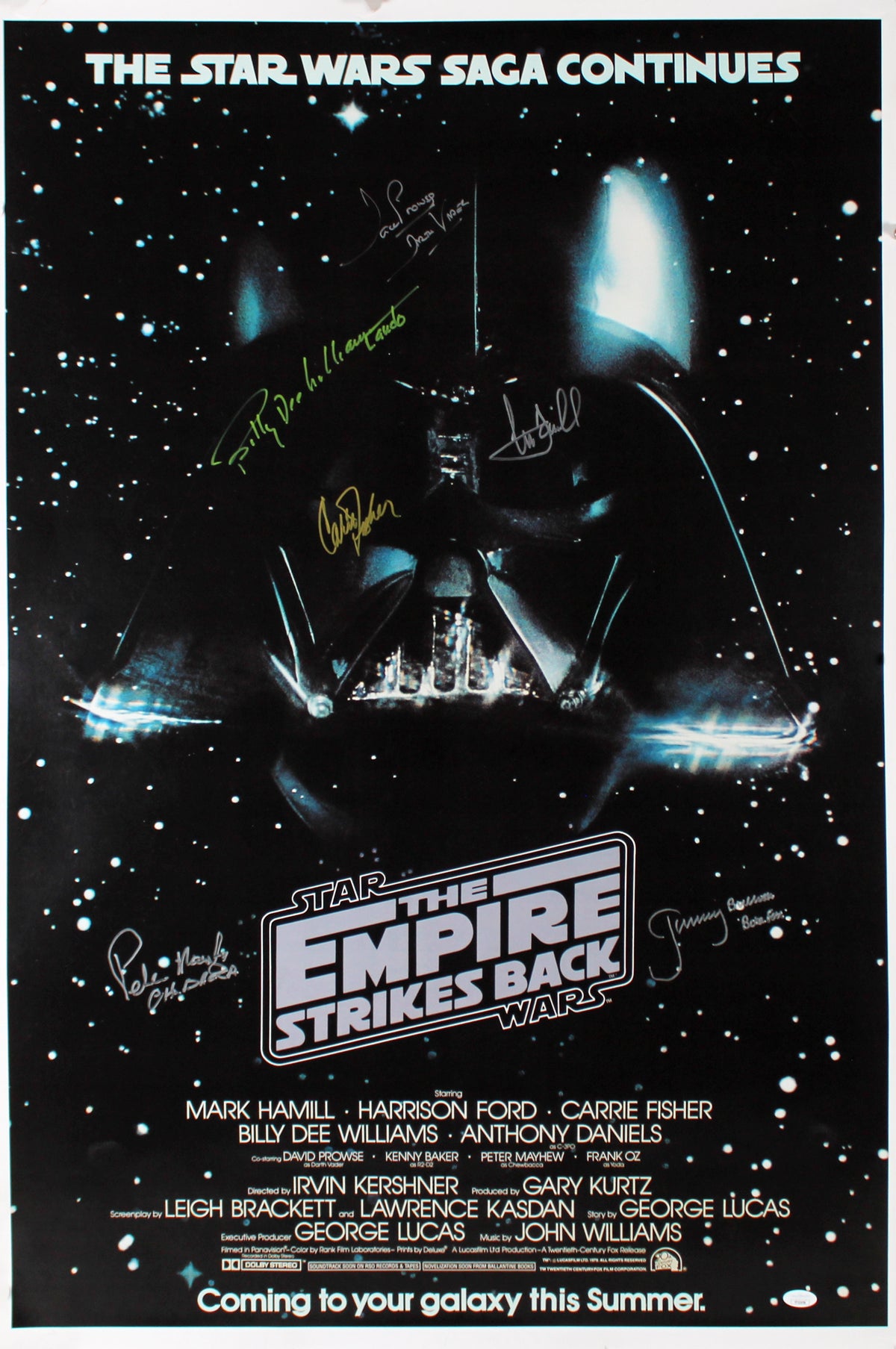 Star Wars ESB (6) Fisher, Hamill, Prowse +3 Signed 27x40 Poster JSA #YY31959