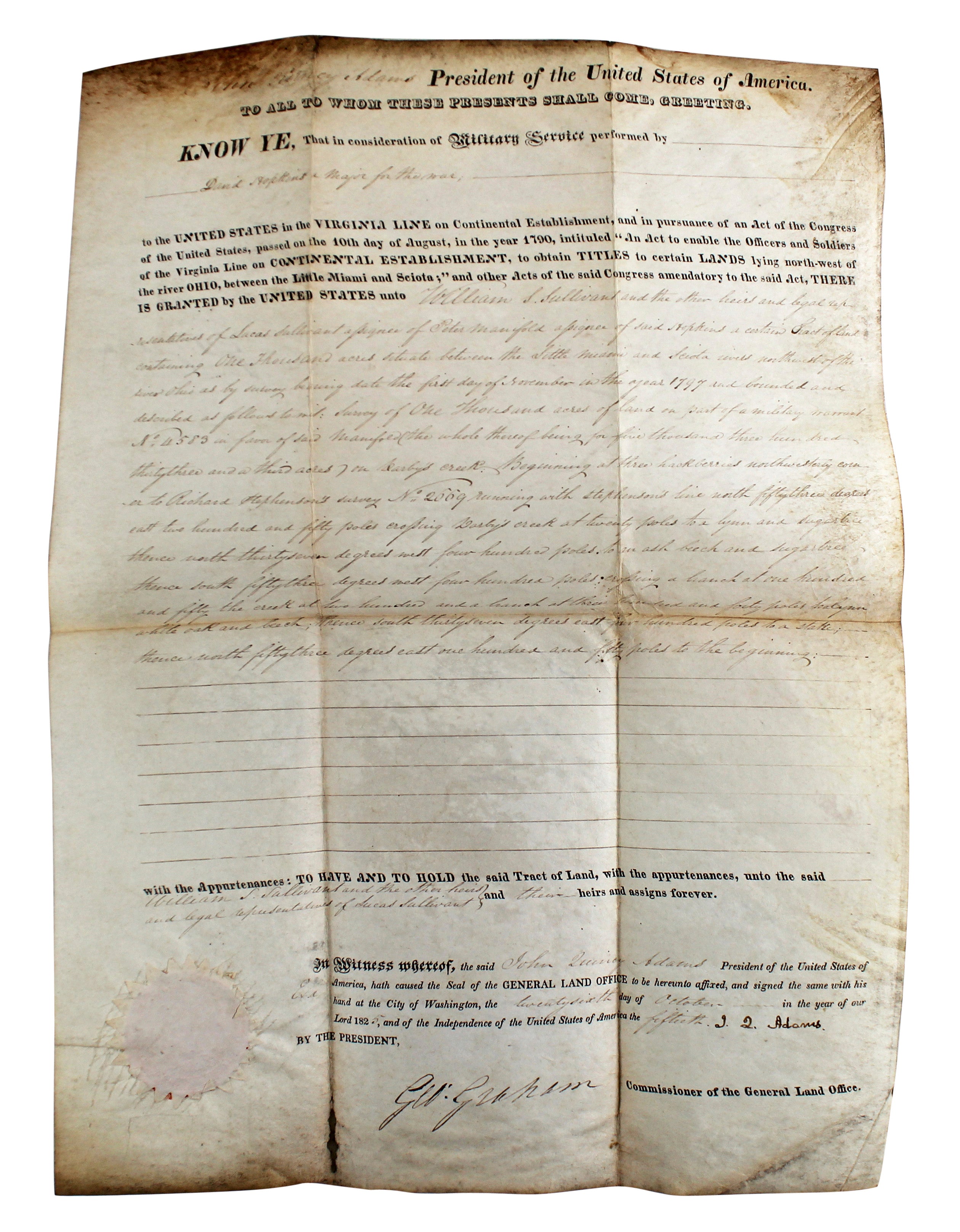 John Quincy Adams Authentic Signed 13x17.5 1825 Land Grant Document BAS #AB14027