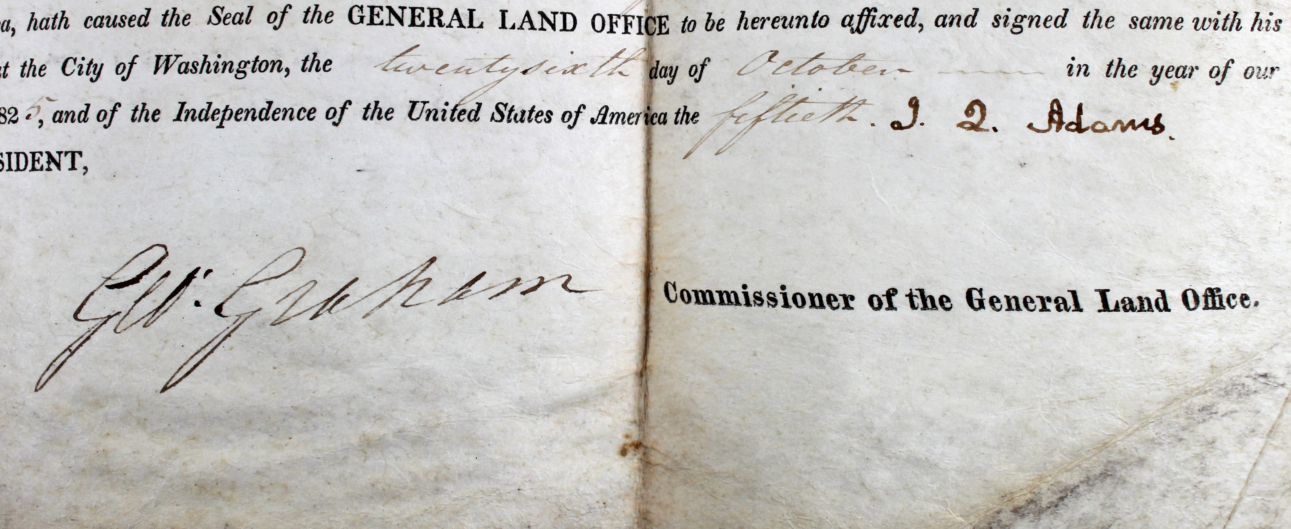 John Quincy Adams Authentic Signed 13x17.5 1825 Land Grant Document BAS #AB14027