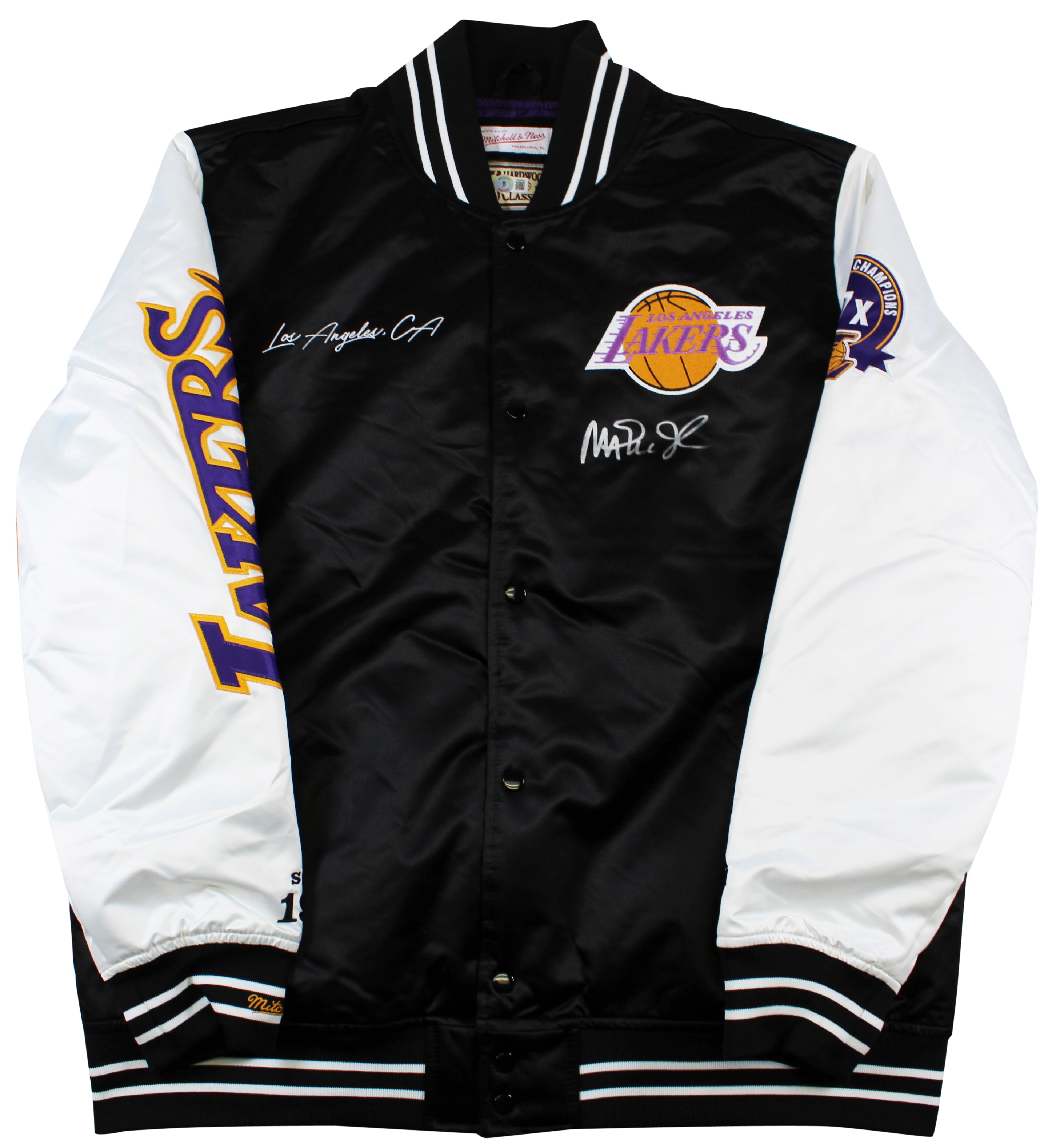 Lakers Magic Johnson Signed Black M&N HWC Bomber Jacket w/ Patches BAS Witness