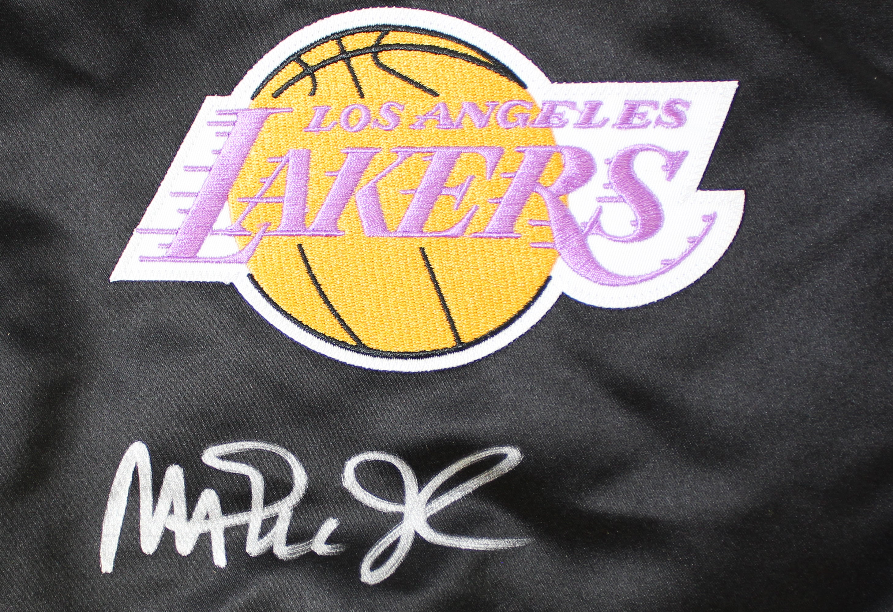 Lakers Magic Johnson Signed Black M&N HWC Bomber Jacket w/ Patches BAS Witness