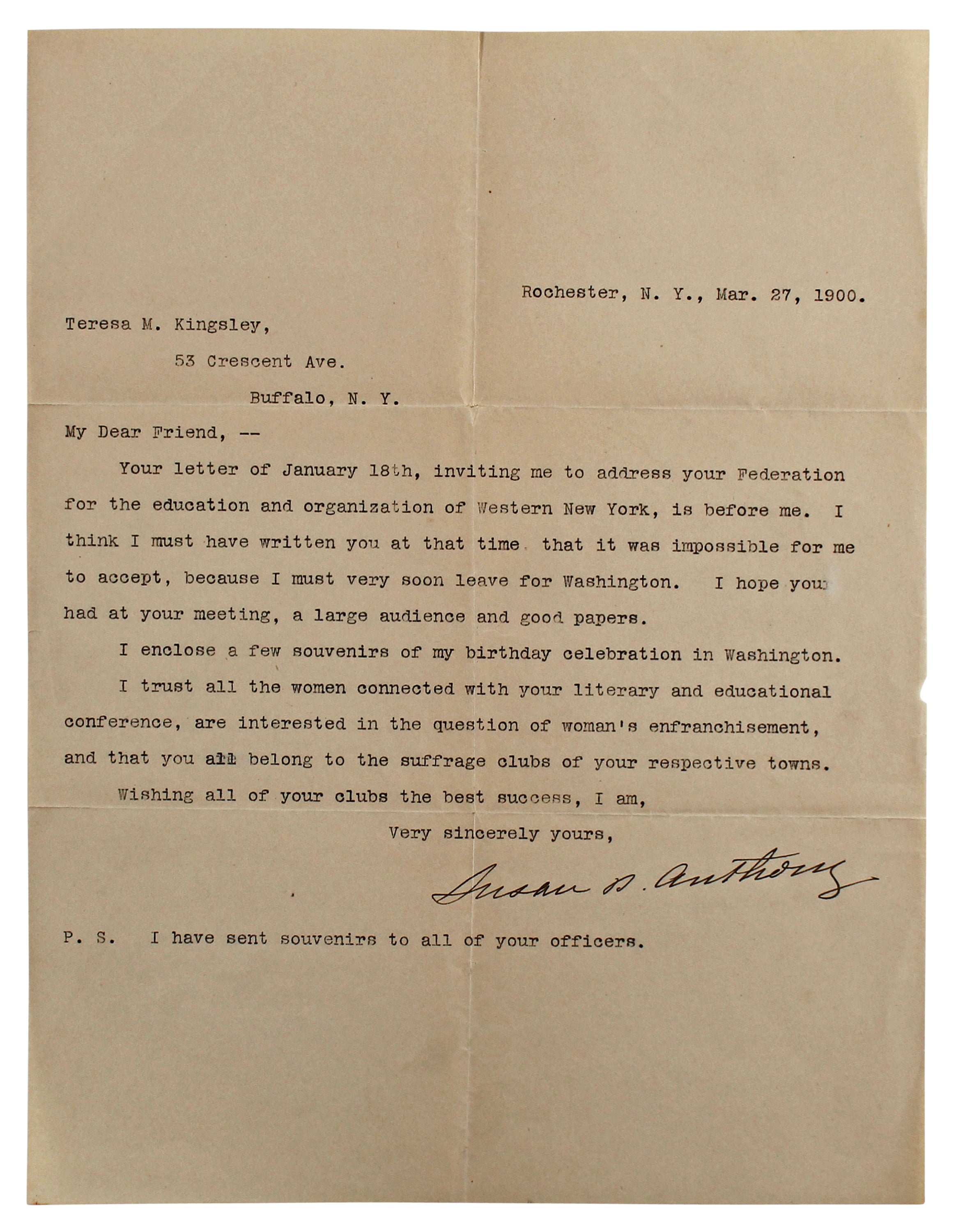 Susan B. Anthony Authentic Signed 8.25x10.75 1900 Letter BAS #AB14682