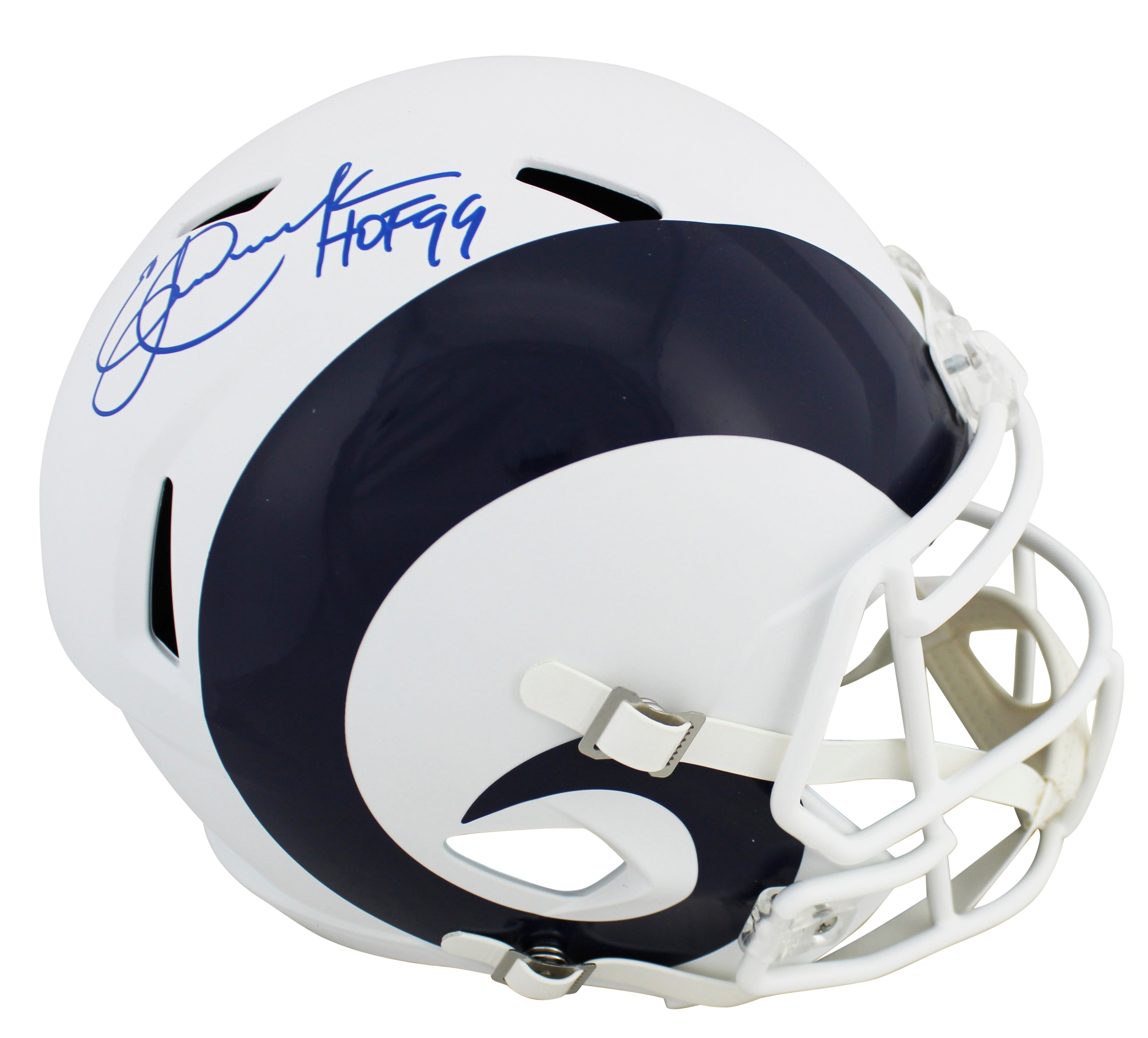 Rams Eric Dickerson HOF 99 Signed Flat White Full Size Speed Rep Helmet BAS Wit