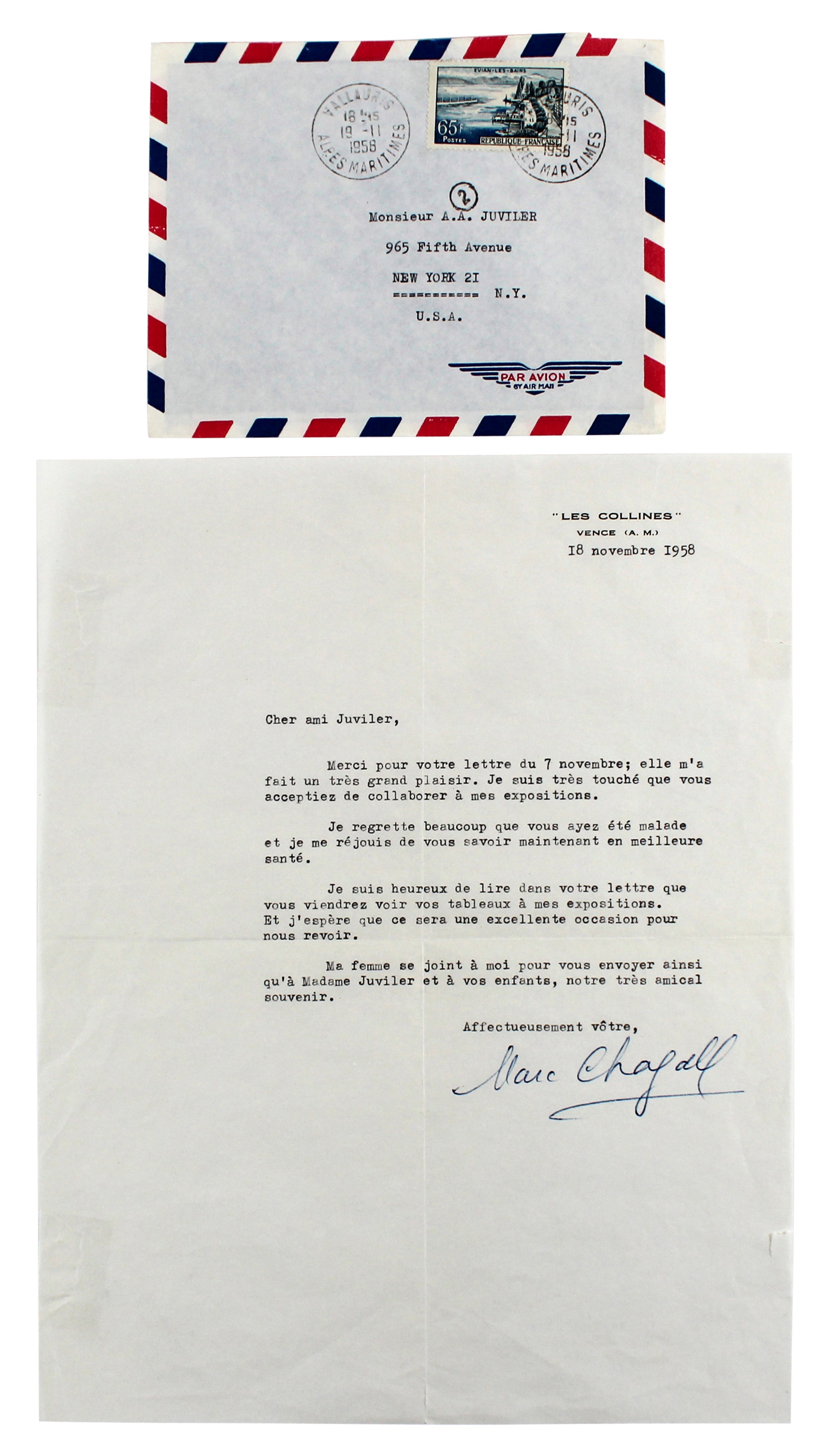 Marc Chagall Authentic Signed 8.25x10.75 Typed Letter w/ Envelope BAS #AB14683