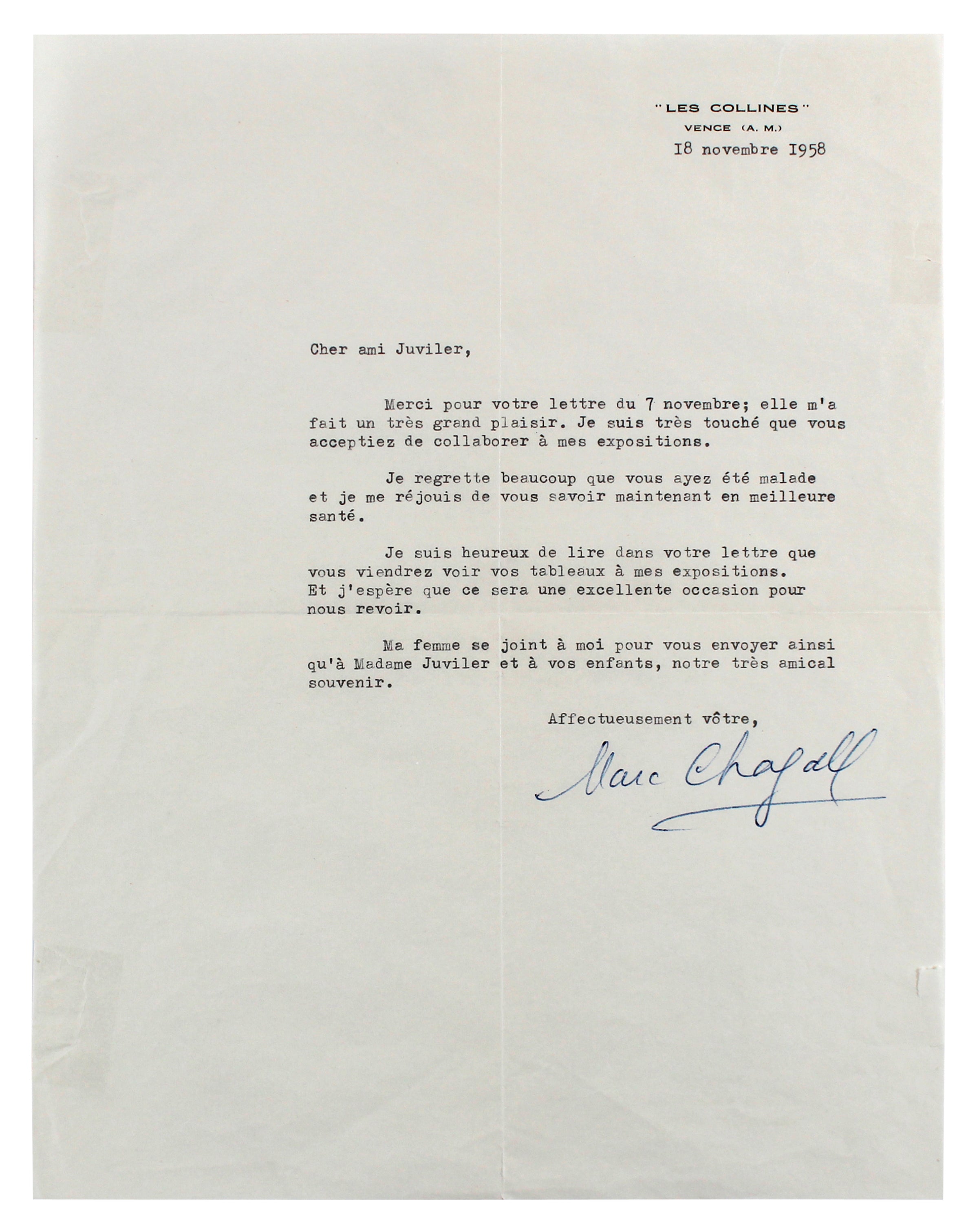 Marc Chagall Authentic Signed 8.25x10.75 Typed Letter w/ Envelope BAS #AB14683