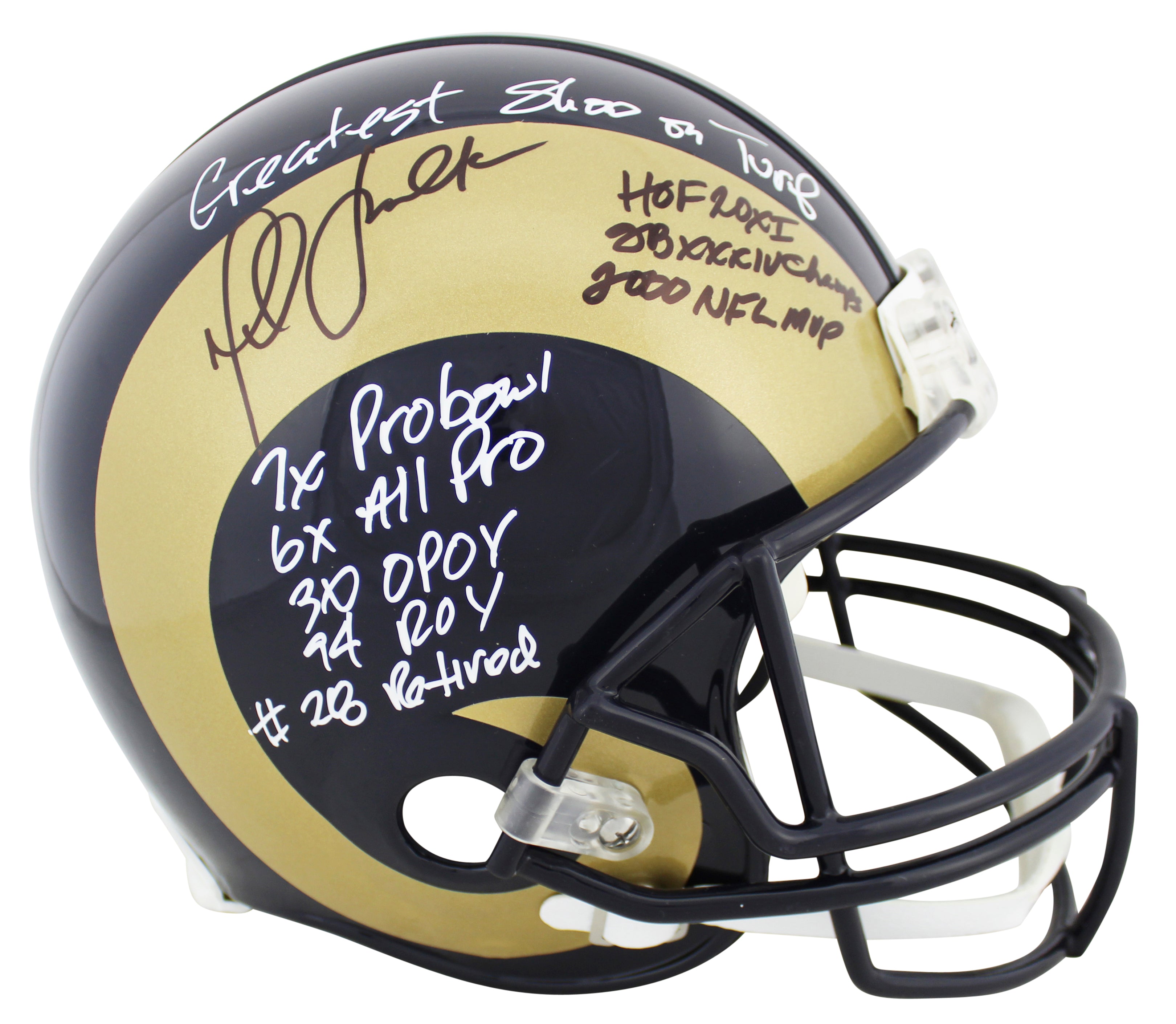 Rams Marshall Faulk "Career Stat" Signed Gold Horn Proline Full Size Helmet BAS
