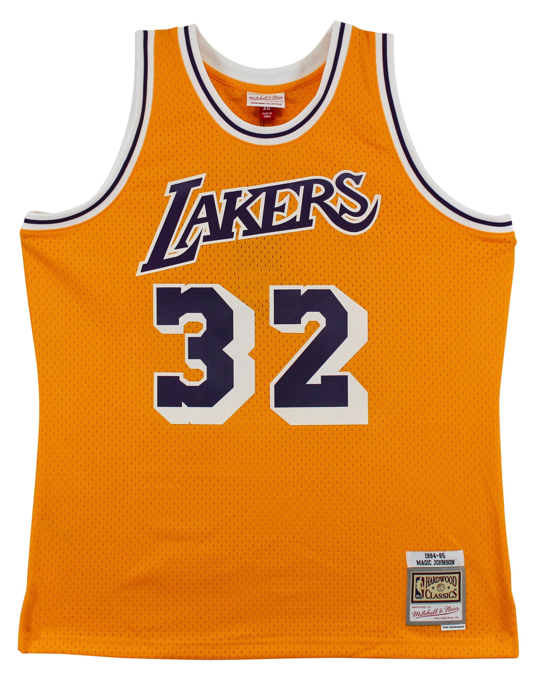 Lakers Magic Johnson "#32" Signed 1984-85 M&N HWC Swingman Yellow Jersey BAS Wit
