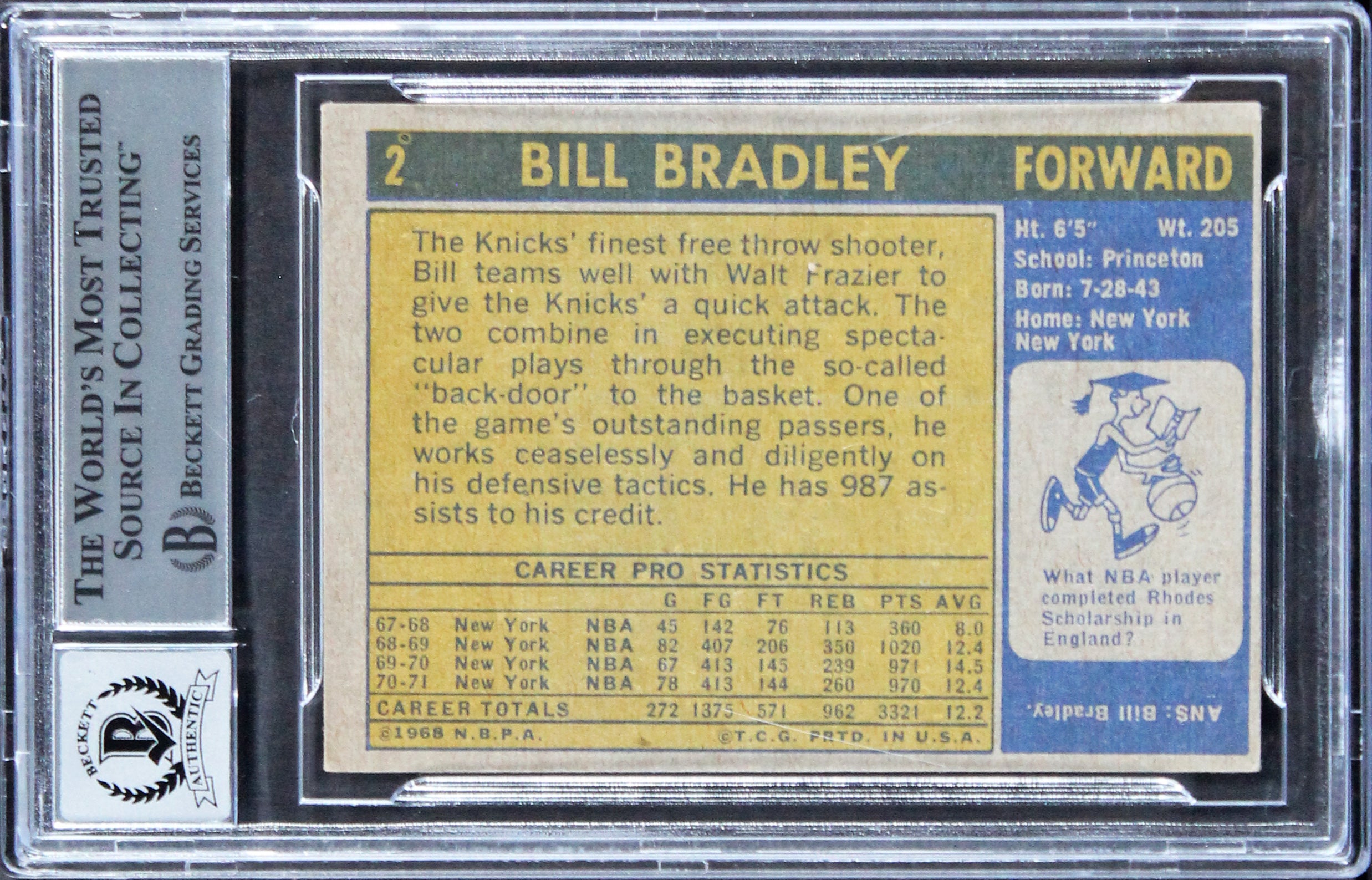 Knicks Bill Bradley Authentic Signed 1971 Topps #2 Card Auto 10! BAS Slabbed