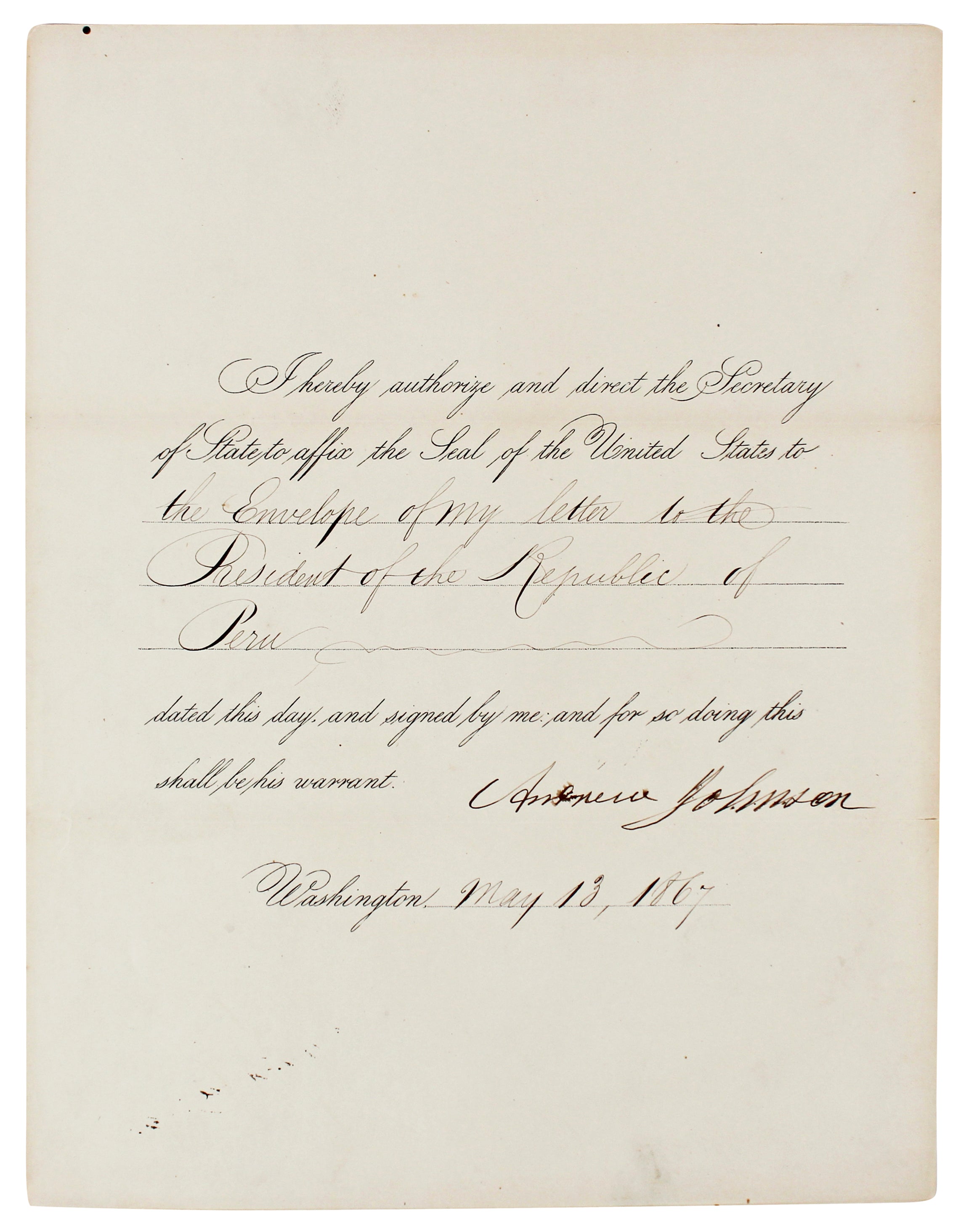 Andrew Johnson Authentic Signed 8.5x11 1867 Document Autographed BAS #AD64138