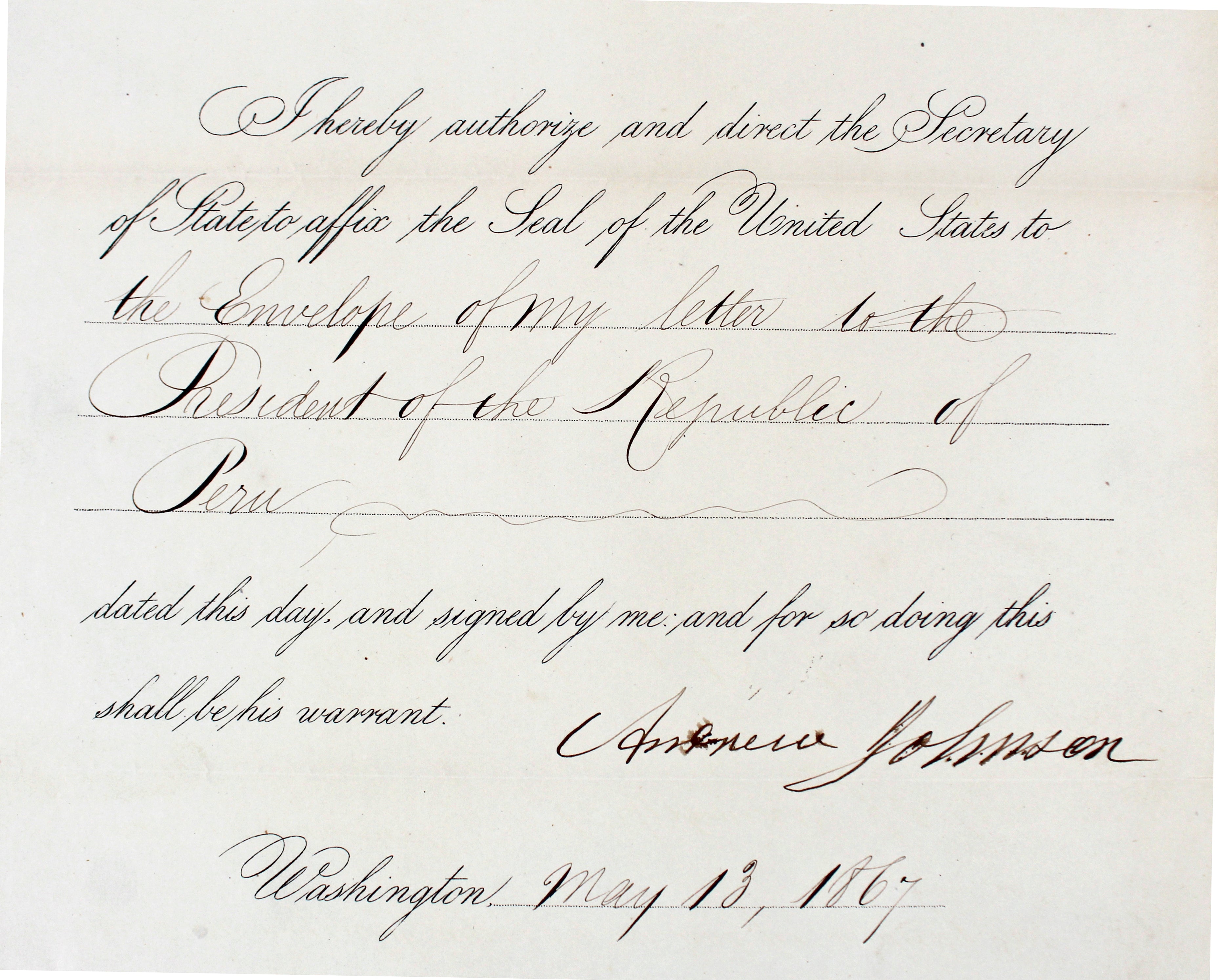 Andrew Johnson Authentic Signed 8.5x11 1867 Document Autographed BAS #AD64138