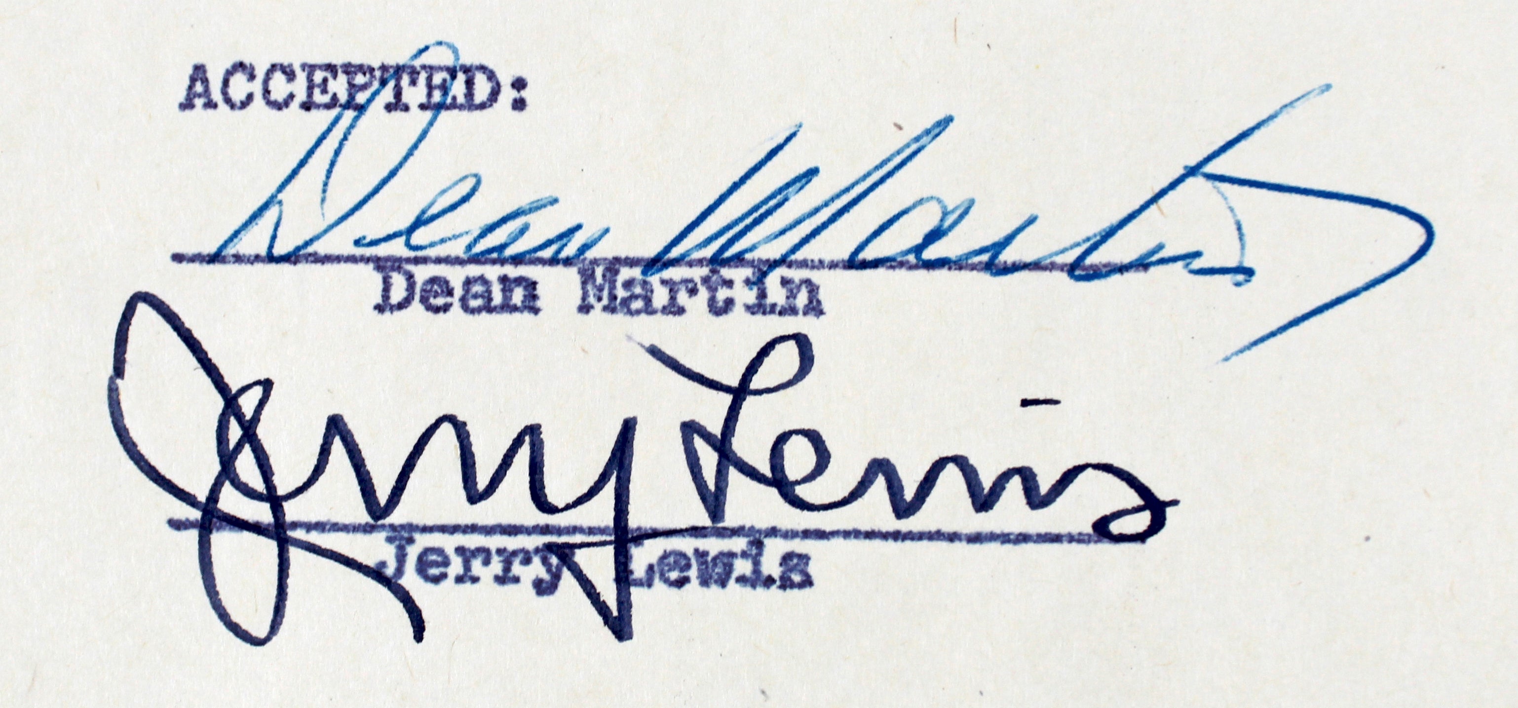 Dean Martin & Jerry Lewis Signed 8.5x11 Paramount Pictures Contract BAS #AD64170