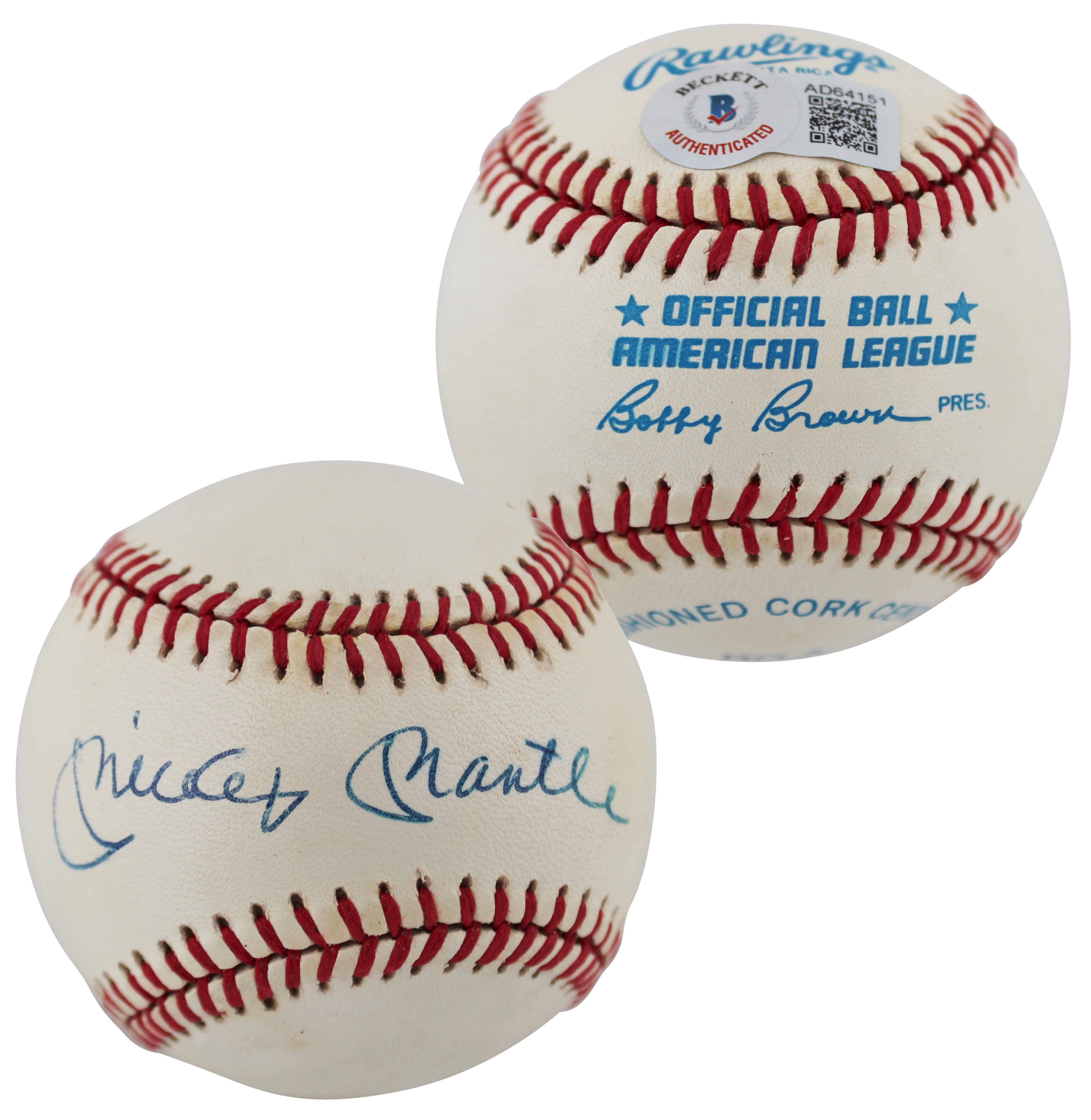 Yankees Mickey Mantle Authentic Signed Bobby Brown Oal Baseball BAS #AD64151