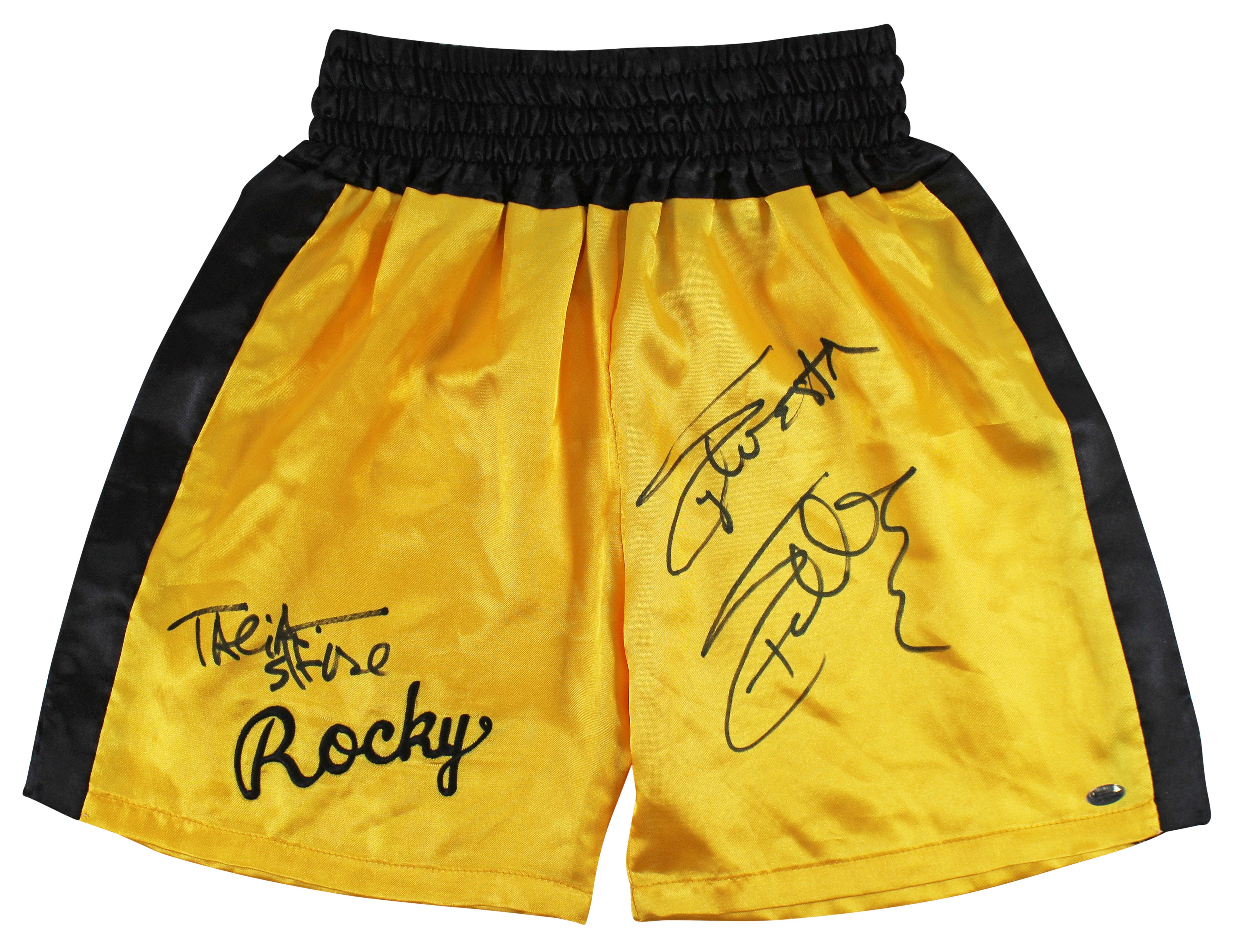 Sylvester Stallone & Talia Shire Signed Yellow Rocky Boxing Trunks BAS #AB14661
