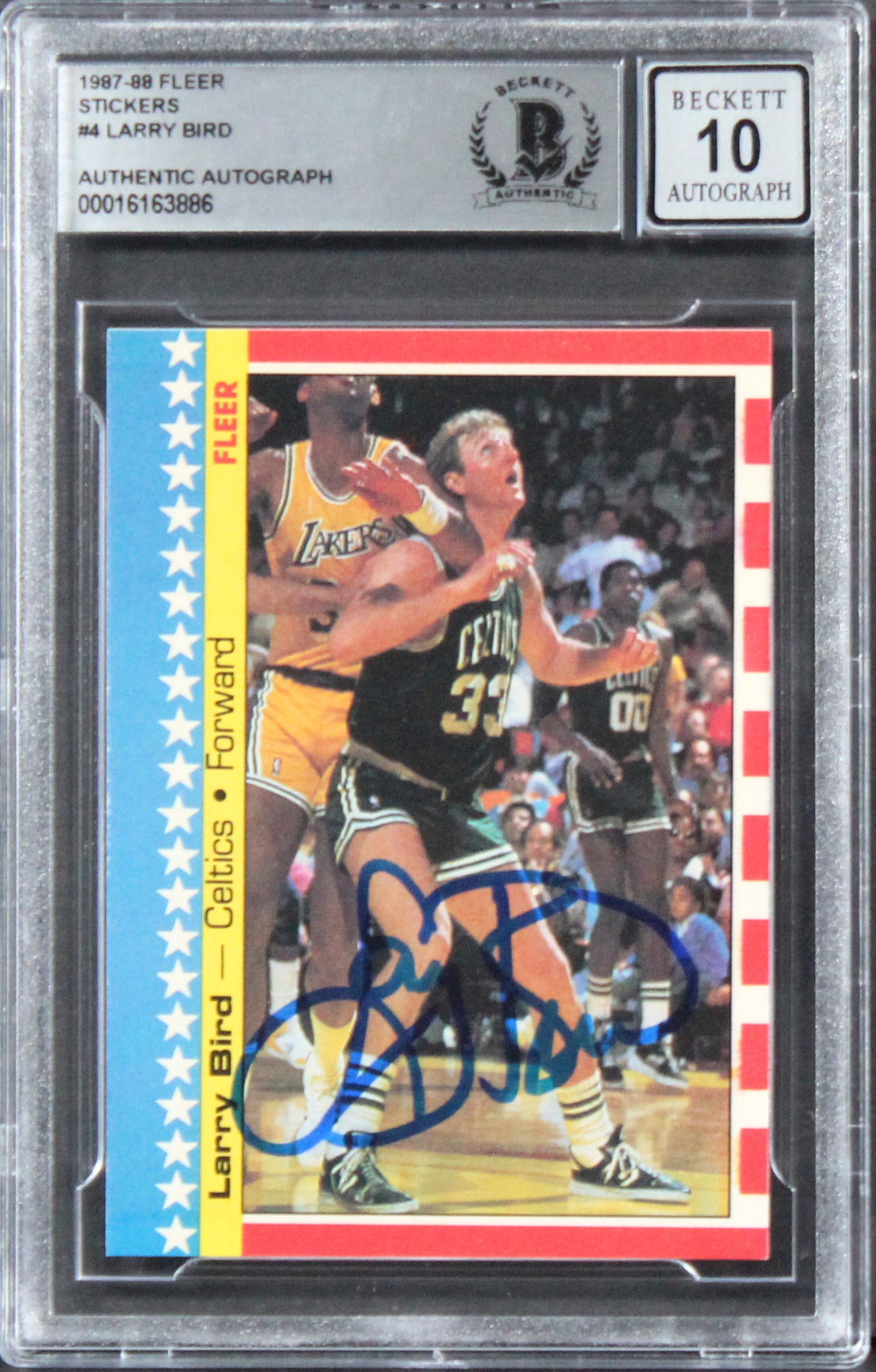 Celtics Larry Bird Signed 1987 Fleer Stickers #4 Card Auto 10! BAS Slabbed