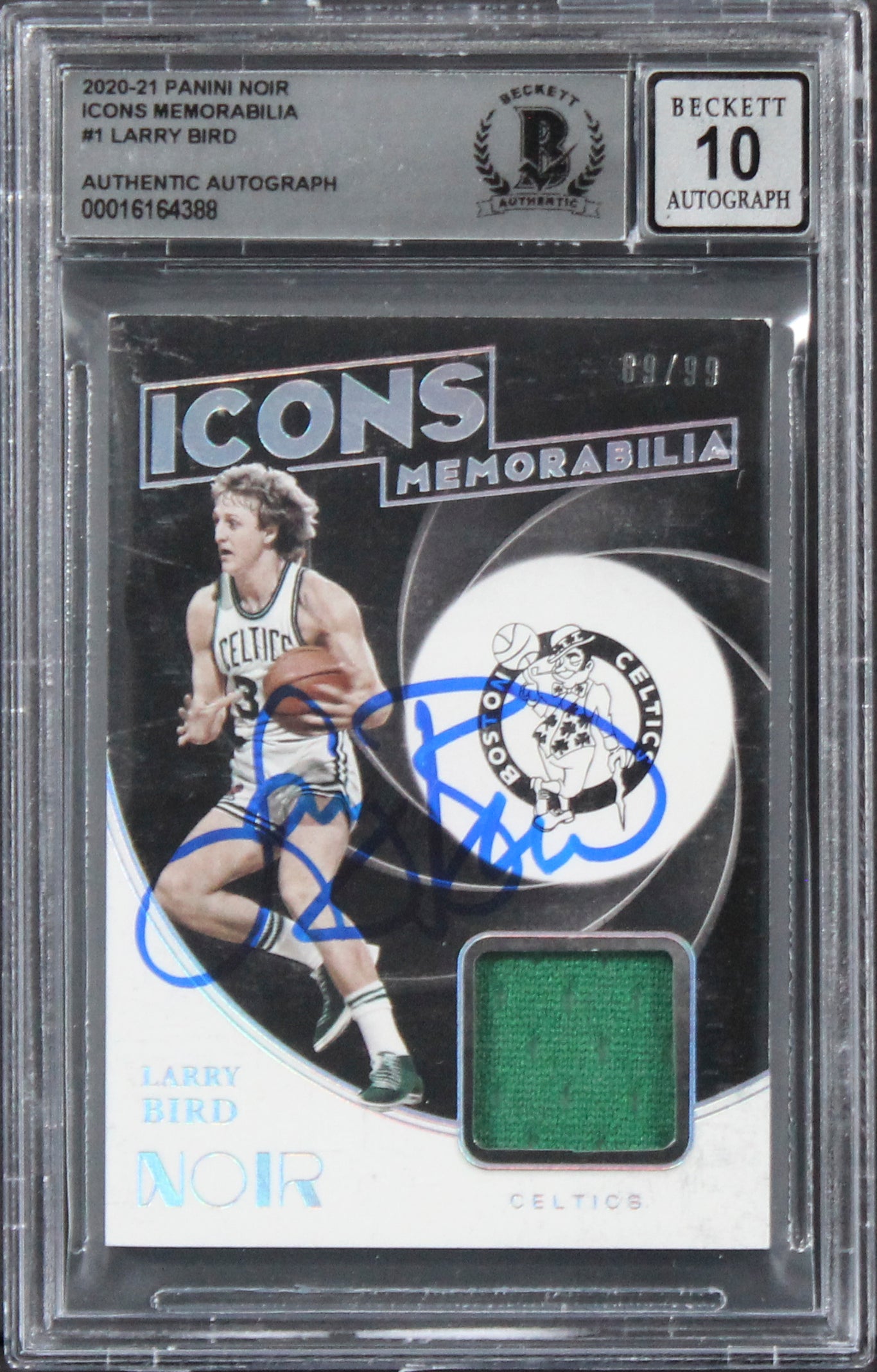 Celtics Larry Bird Signed 2020 Panini Noir #1 #89/99 Card Auto 10! BAS Slabbed