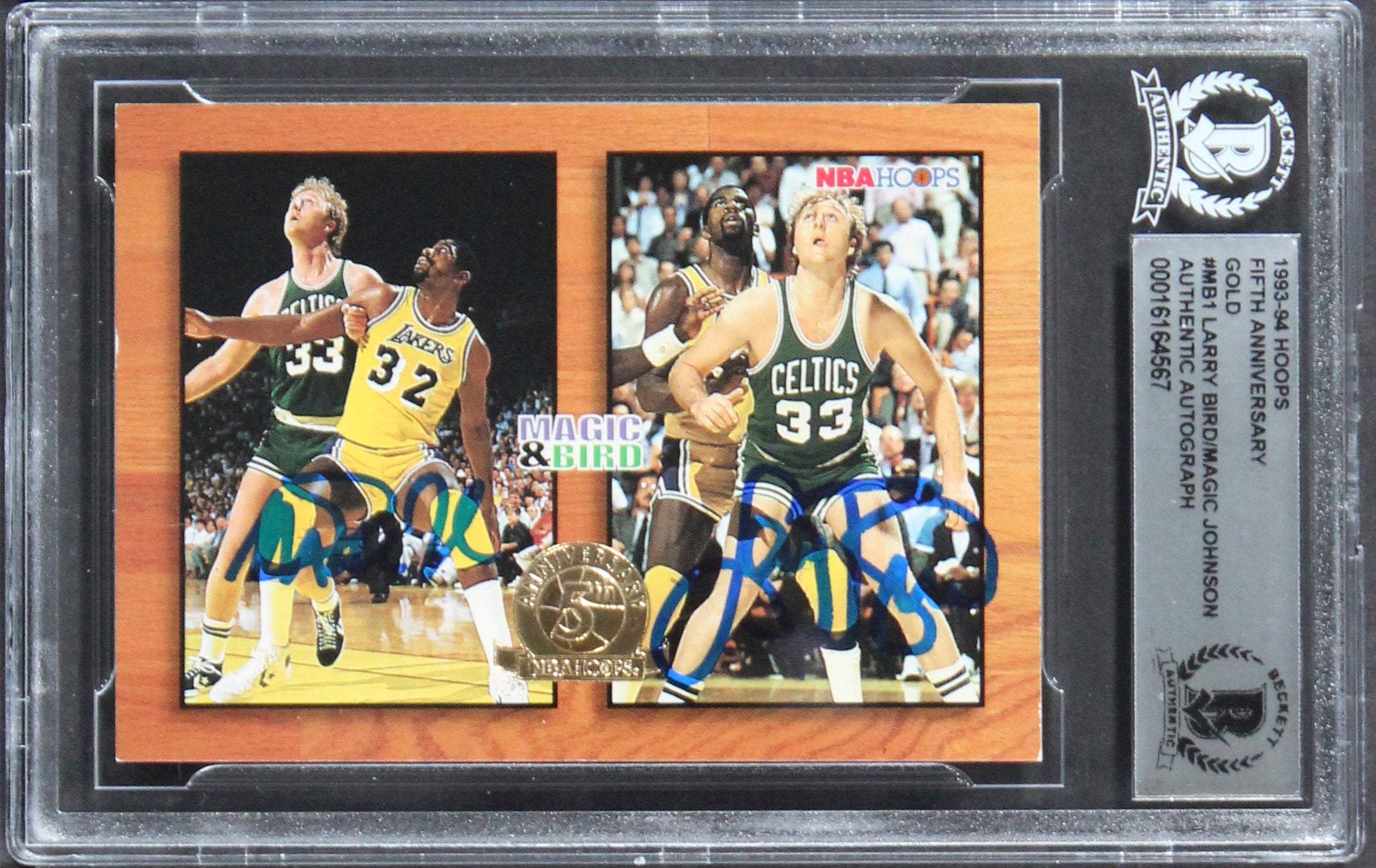 Larry Bird & Magic Johnson Signed 1993 Hoops Gold #MB1 Card BAS Slabbed