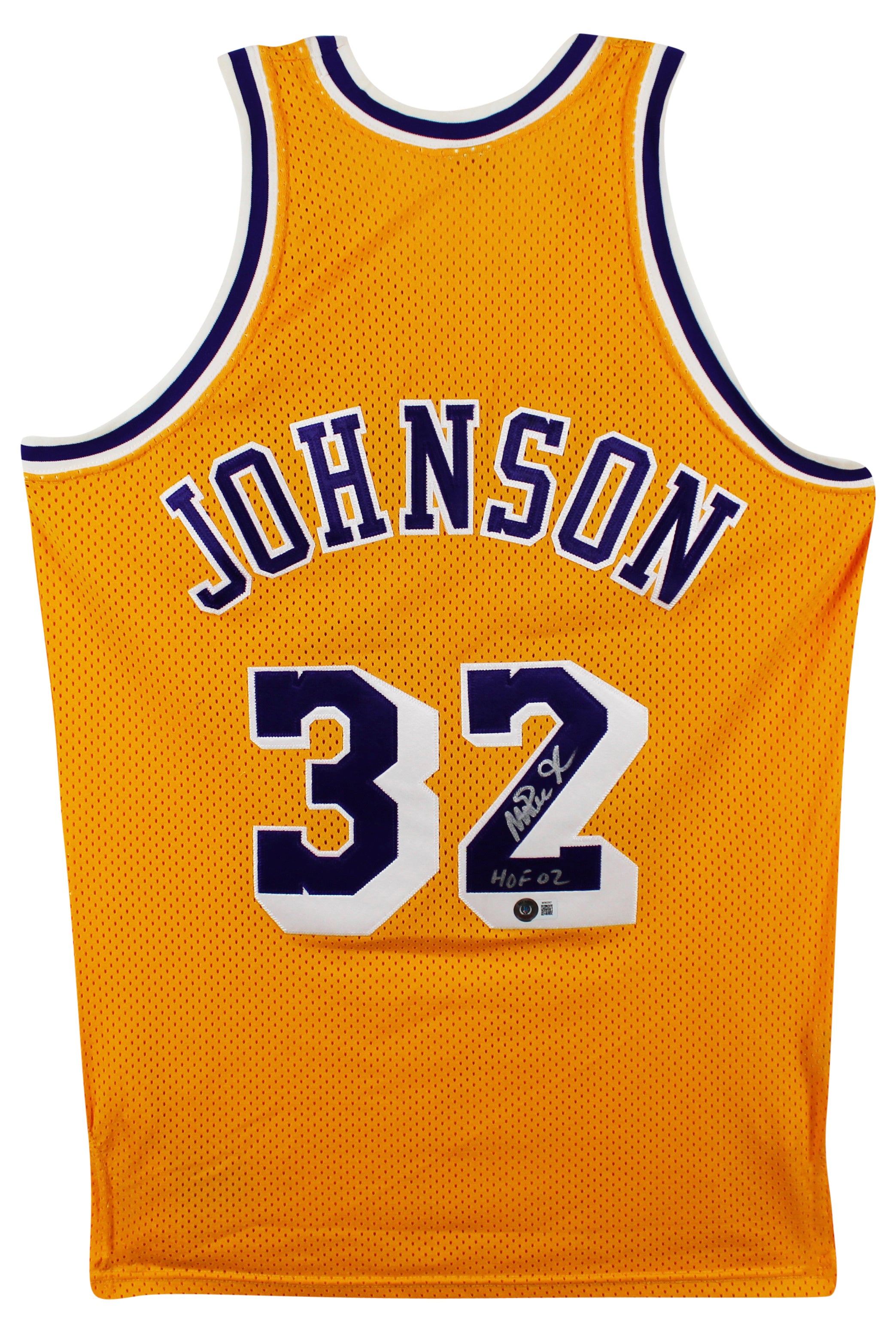 Lakers Magic Johnson "HOF 02" Signed Yellow MacGregor Sand-Knit Jersey BAS Wit 6
