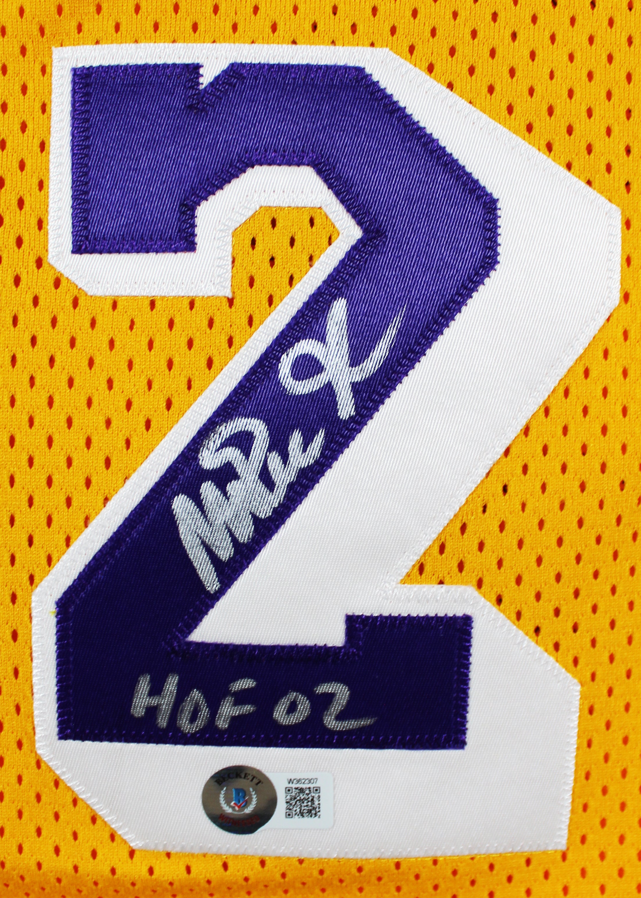 Lakers Magic Johnson "HOF 02" Signed Yellow MacGregor Sand-Knit Jersey BAS Wit 6