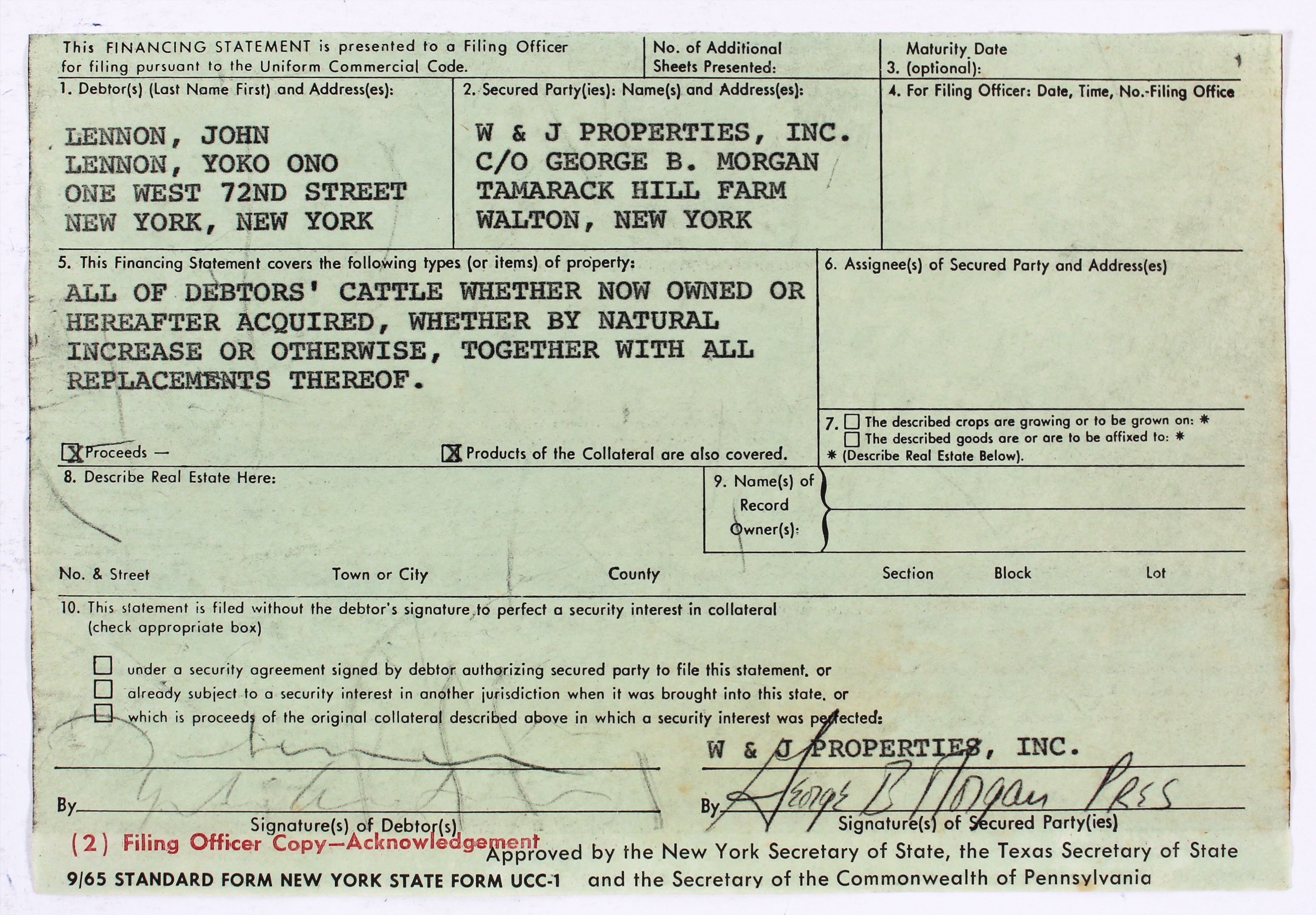 John Lennon & Yoko Ono Authentic Signed 5.75x7.25 Contract BAS #AC33417